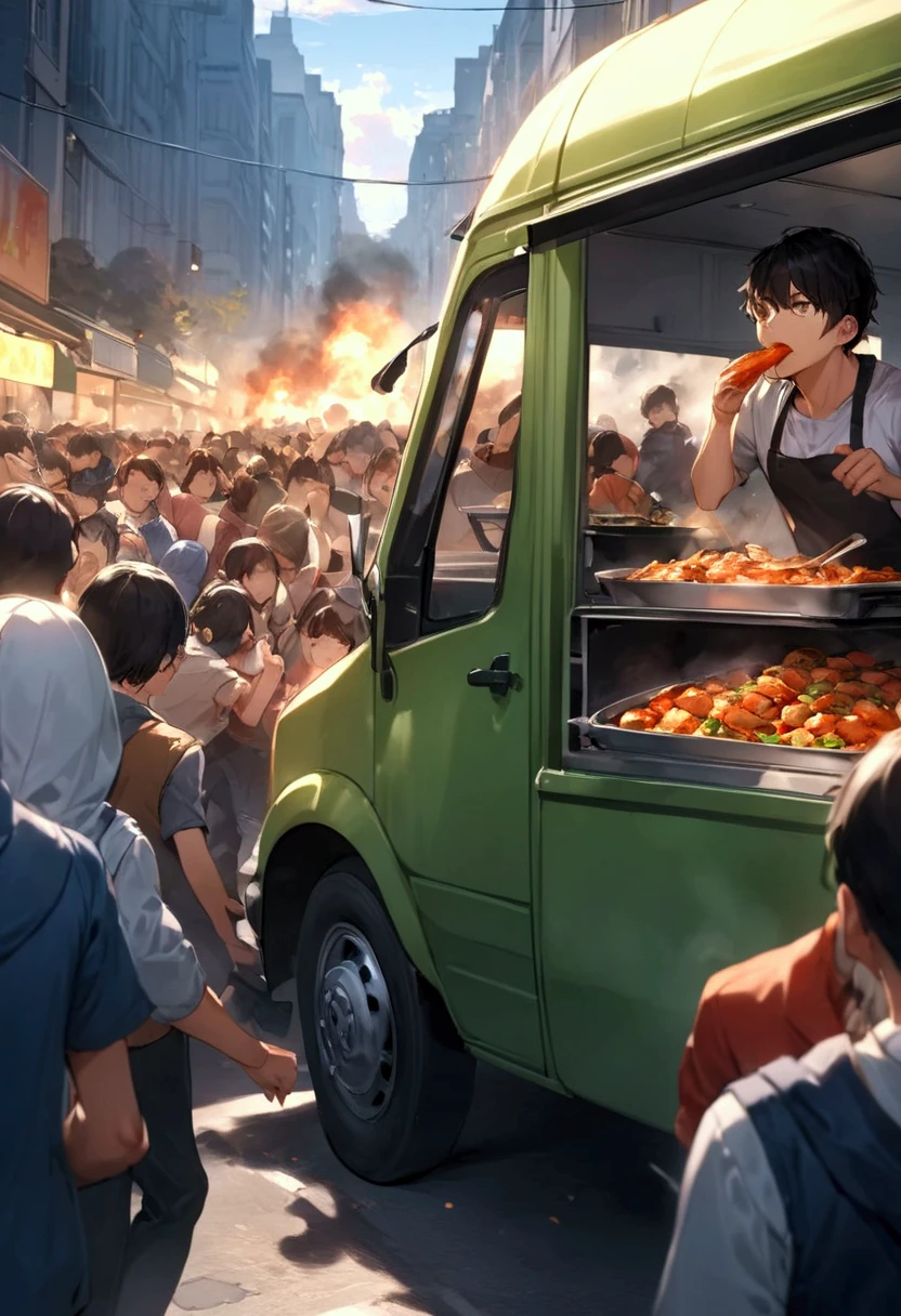 ( top quality , Very high definition) ,  cooking car running fast through the food street(( motion blur that sticks to your mouth:1.8)) , hungry crowd chasing the cooking truck with their noises( cinematic lighting:1.5 , dramatic effect:1.6 , Panic scene :1.8)