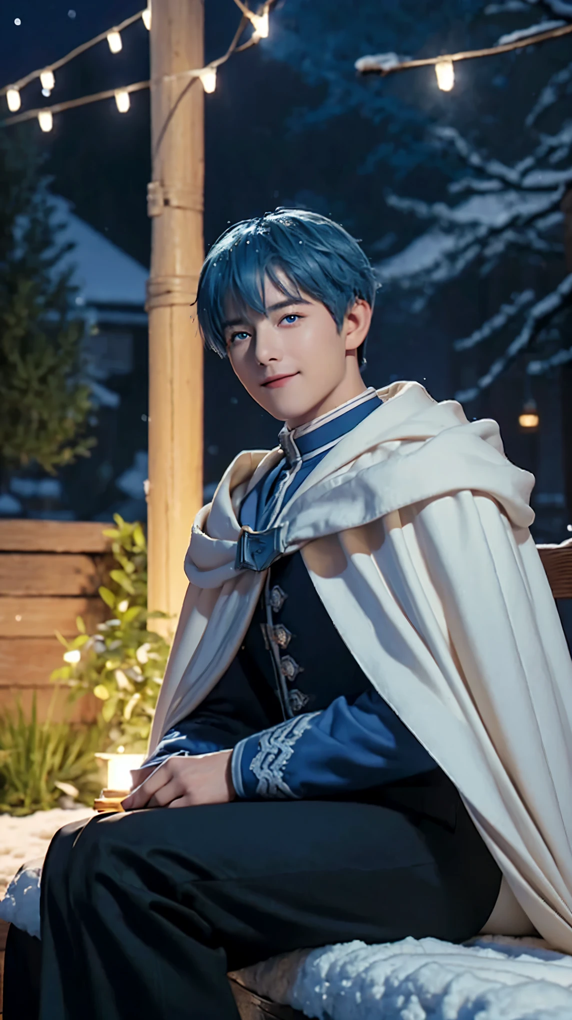 Landscape of a very handsome man, 25 year old man, melancholy realistic, (cowboy shot), (high angle shot), (((front focus))), (((background Blurry))), Bokeh, lens flare, photography with Fujifilm XT3, depth of field, film grain, female focus, BREAK, Himmel/(sousou no frieren/), anime style, (((sitting on a chair beside village road in a snowy season_street light)))!!!, ((The beauty and brilliance of frost-covered trees, The tranquility and beauty of a world of ice and snow))!!, (((looks at the audience with beautiful light blue eyes))), Ultra detailed eyes, (Beautiful light blue eye's like sapphire :1.4)!!, ((homochromatic eyes))!!!, close mouth, ((wry smile))!!, long sleevemouth, (((thin fresh peach lips)))!!!, (Blush)!!, Perfect nose, Cute little nose, beatiful face, Face Clean, realistic Skin, hyper realistic, Perfect eyebrow appear through blue hair, blue hair between eyes, blue hair bangs, (ultra shine blue hair)!!, (neat low cut hairstyle)!!, ((dynamic composition)), BREAK, detached sleeves, /(((wear original costume of Himmel_slim fit clothes/)))!!!, (((slim fit blue cloak with white accent_long sleeve blue cloak_ivory cape outside)))!!!, black trousers, black boots, flat chest, (((close thigh with slim fit black trousers_shirt over trousers)))!!!, (((shirt over trousers)))!!!, vivid color clothes, detailed realistic clothes, BREAK, Best Quality, Masterpiece, Ultra-detailed, Beautiful, hight resolution, Original, CG 8K, perfect photo, dramatic lighting, Beautiful lighting, (Realistic fantasy art), Realistic, Full HD, Best Quality, award winning, (8k wallpaper of extremely detailed CG unit), High Details, sharp-focus, The art of dramatic and photorealistic painting, ((In snowy roadside)), dynamic composition, breathtaking rendering, strong color, deep shadow