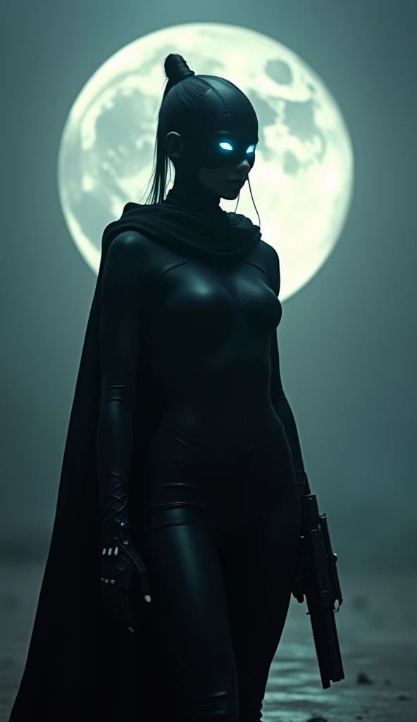 Warrior woman with fully black suit and expose her beautiful eyes. 