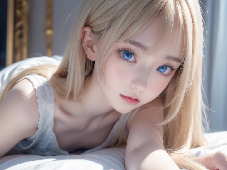  very white and beautiful 20 year old blond girl 、masterpiece,  top quality, shape,  Ultra Fine Details ,  natural platinum blonde with natural shine 、 super long straight silky hair 、 super long hair like Rapunzel 、 hair tangled all over the body 、Messy bangs on the eyes,、Face-covering bangs、bangs、 high definition, 8K TV Wallpaper,  perfect dynamic composition,  beautiful and detailed big light blue eyes ,  Very Big Eyes 、Hotel( bed)、Small Face Beauty、Round face、 stand on all fours、 double eyelids