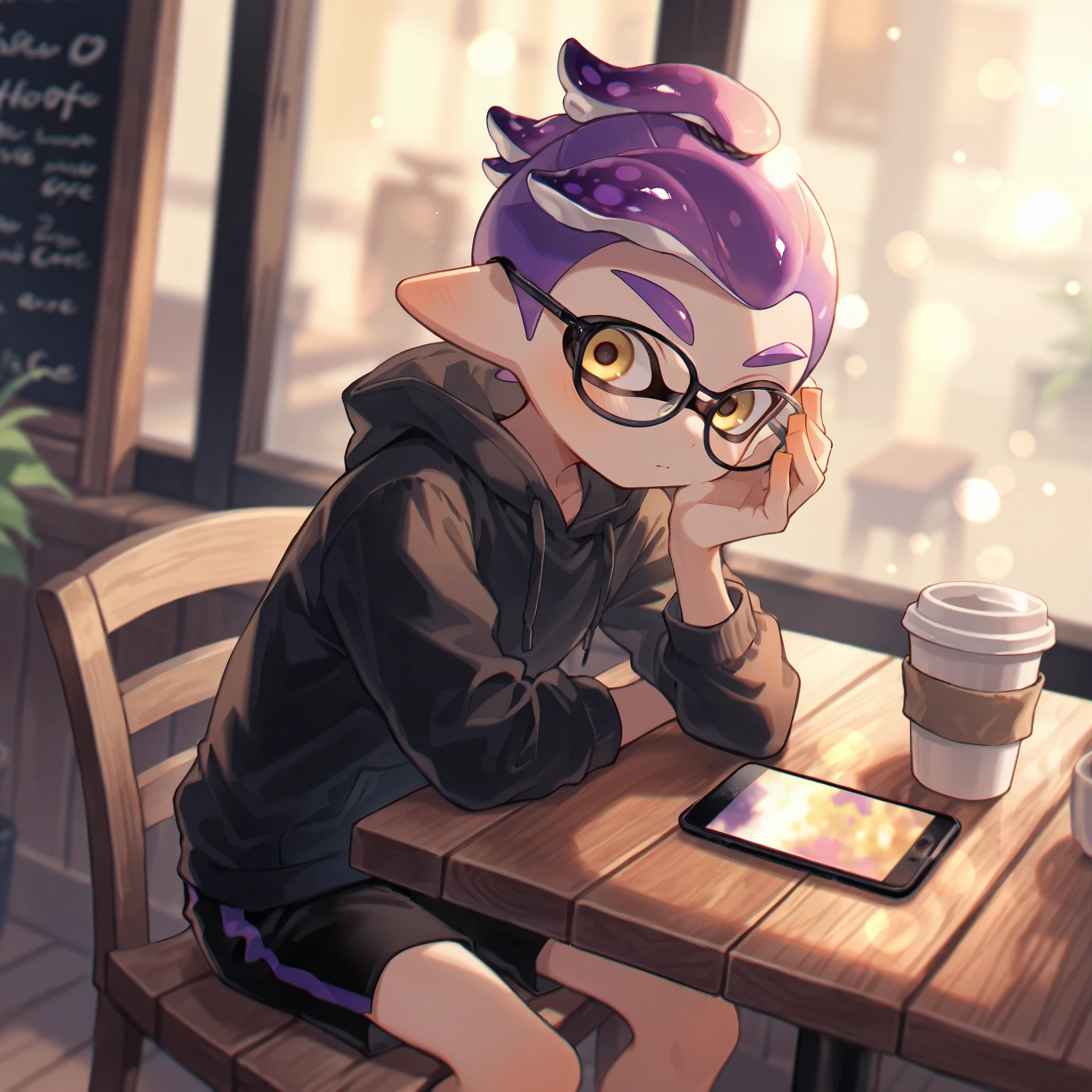 ultra-detailed illustration of inkling boy from splatoon, solo, purple hair, ponytail, yellow eyes, glasses, face palm, gray parka, black short pants, He is sitting on a wooden chair in a cozy cafe. On the wooden table are a smartphone and a hot coffee. indoor, depth of field, masterpiece, best quality, beautiful and very aesthetic concept art, watercolor style, abundant colors, deep shadows