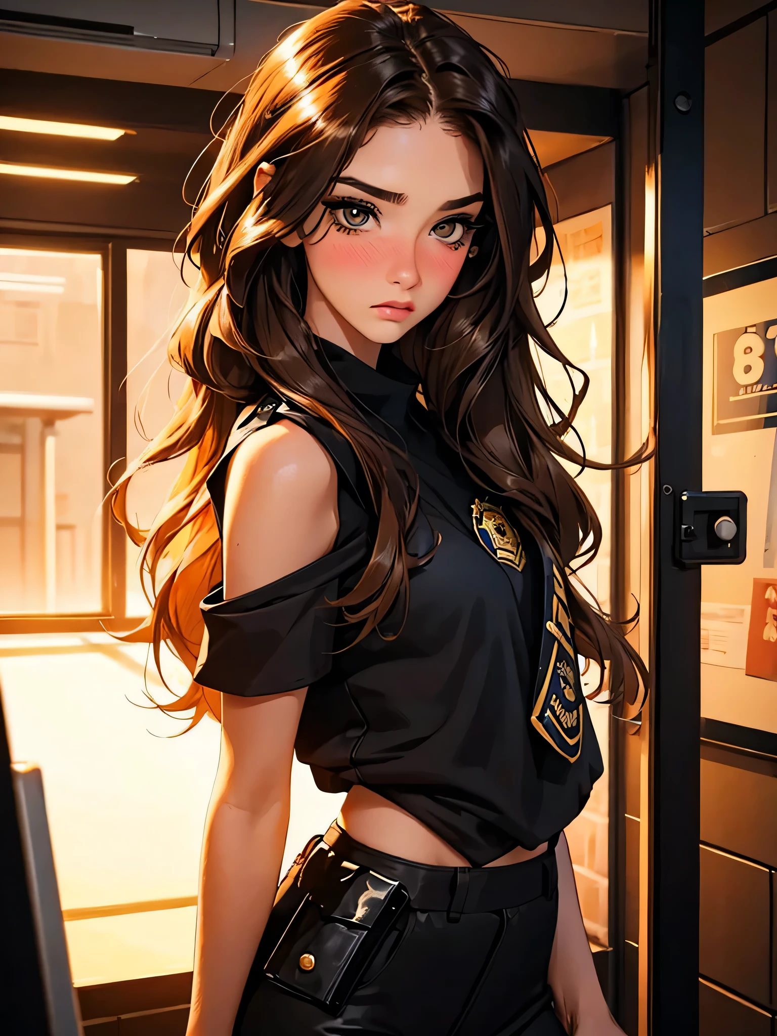 Teenage girl-model 1, (only 1 girl),  beautiful, golden brown hair, (shoulder length hair), , glossy hair, pretty eyes, beautiful figure, beautiful long legs, , top quality, highest quality, pin-up style, (((police uniform,))), , dark makeup,  small brests, skinny, slender body, ((mascara, eyeliner, nose blush))),, ninjartist style. (( outfit))
