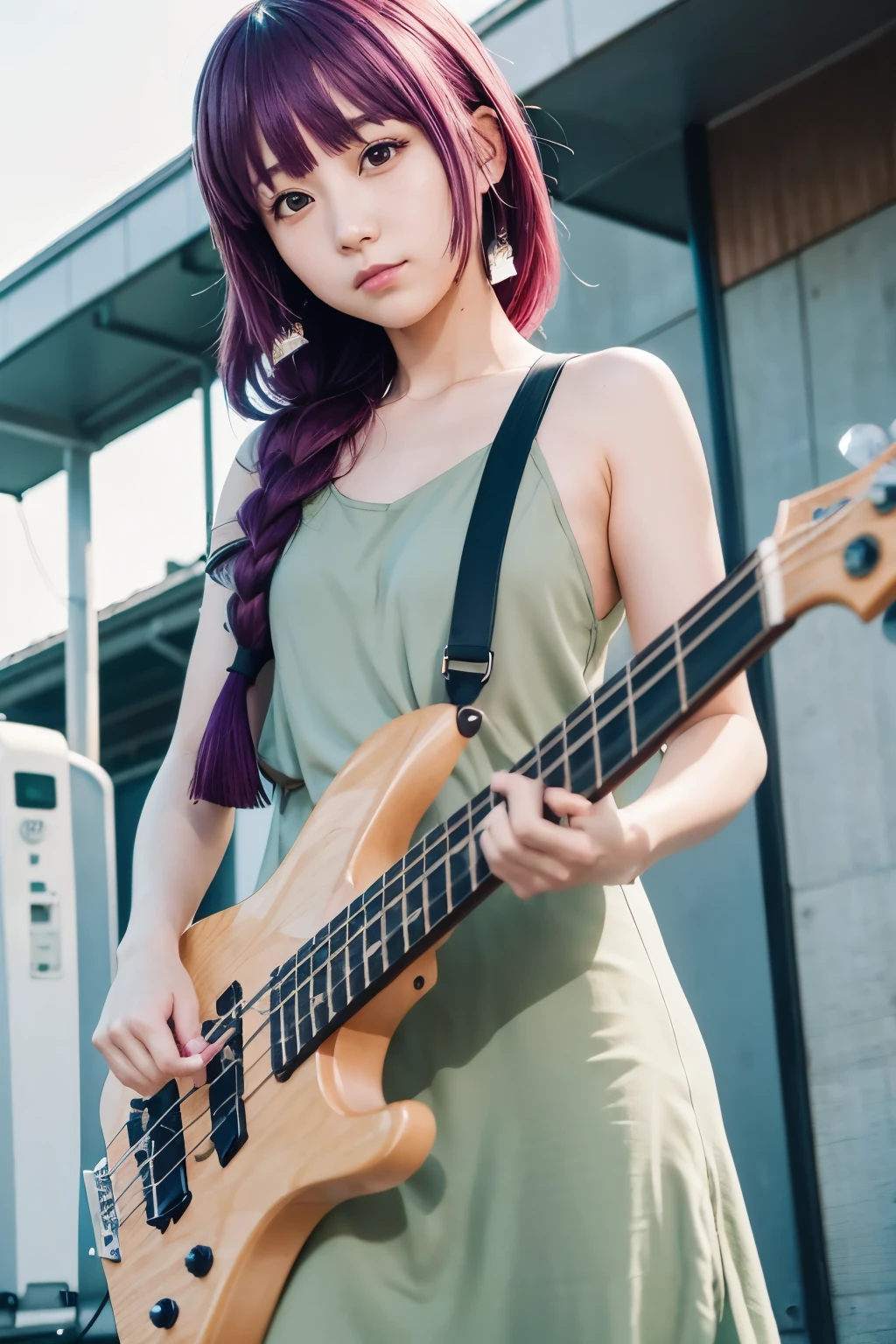 girl, purple hair, single braid, threaded eyes, cuckoo green sleeveless dress, geta sandals, playing bass guitar, anime style, Japanese girl, evening square in front of the station, Hiroi Kikuri, 25 years old, Bocchi the Rock,jumper, black base, white sleeves, simple, fashion