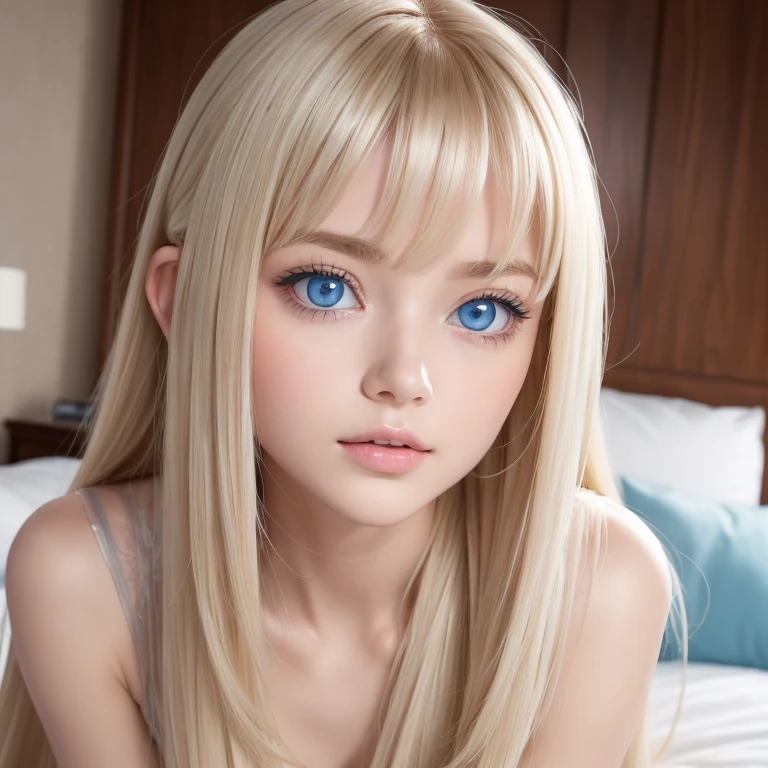  very white and beautiful 20 year old blond girl 、masterpiece,  top quality, shape,  Ultra Fine Details ,  natural platinum blonde with natural shine 、 super long straight silky hair 、 super long hair like Rapunzel 、 hair tangled all over the body 、Messy bangs on the eyes,、Face-covering bangs、bangs、 high definition, 8K TV Wallpaper,  perfect dynamic composition,  beautiful and detailed big light blue eyes ,  Very Big Eyes 、Hotel( bed)、Small Face Beauty、Round face、 stand on all fours、 double eyelids