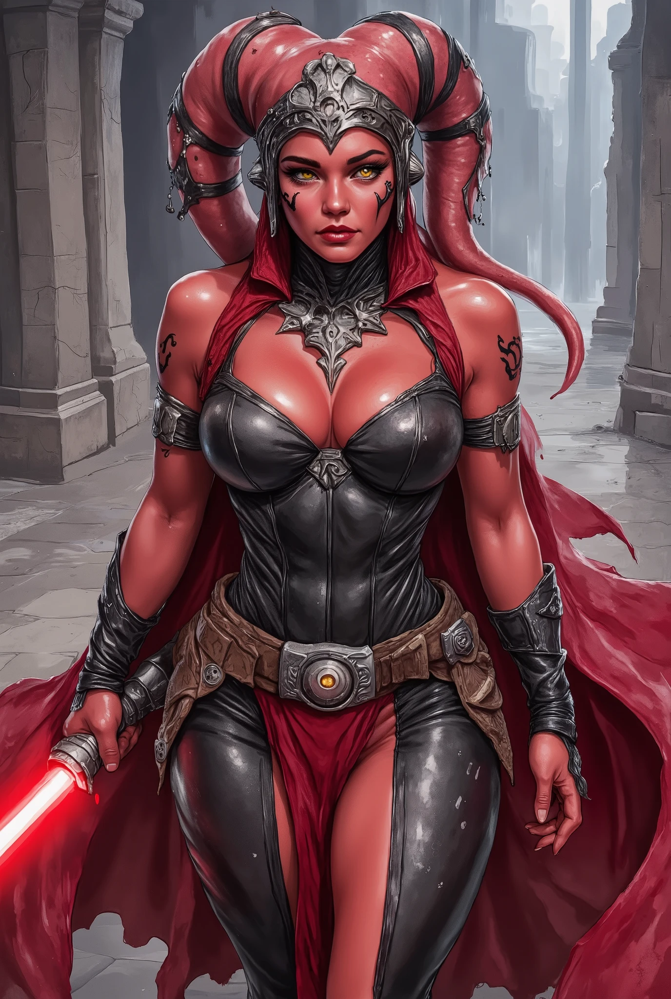 ((Masterpiece)), ((best quality)), ultra detailed face, ((red skin:1.3)), 1woman, (wearing armor over dark robes, black hair, golden eyes, slender body, thin, slim body, slim waist, medium breasts), standing in ruins, standing with one foot on a dead enemy, Star Wars, cinematic lighting , sci-fi city, sfw,