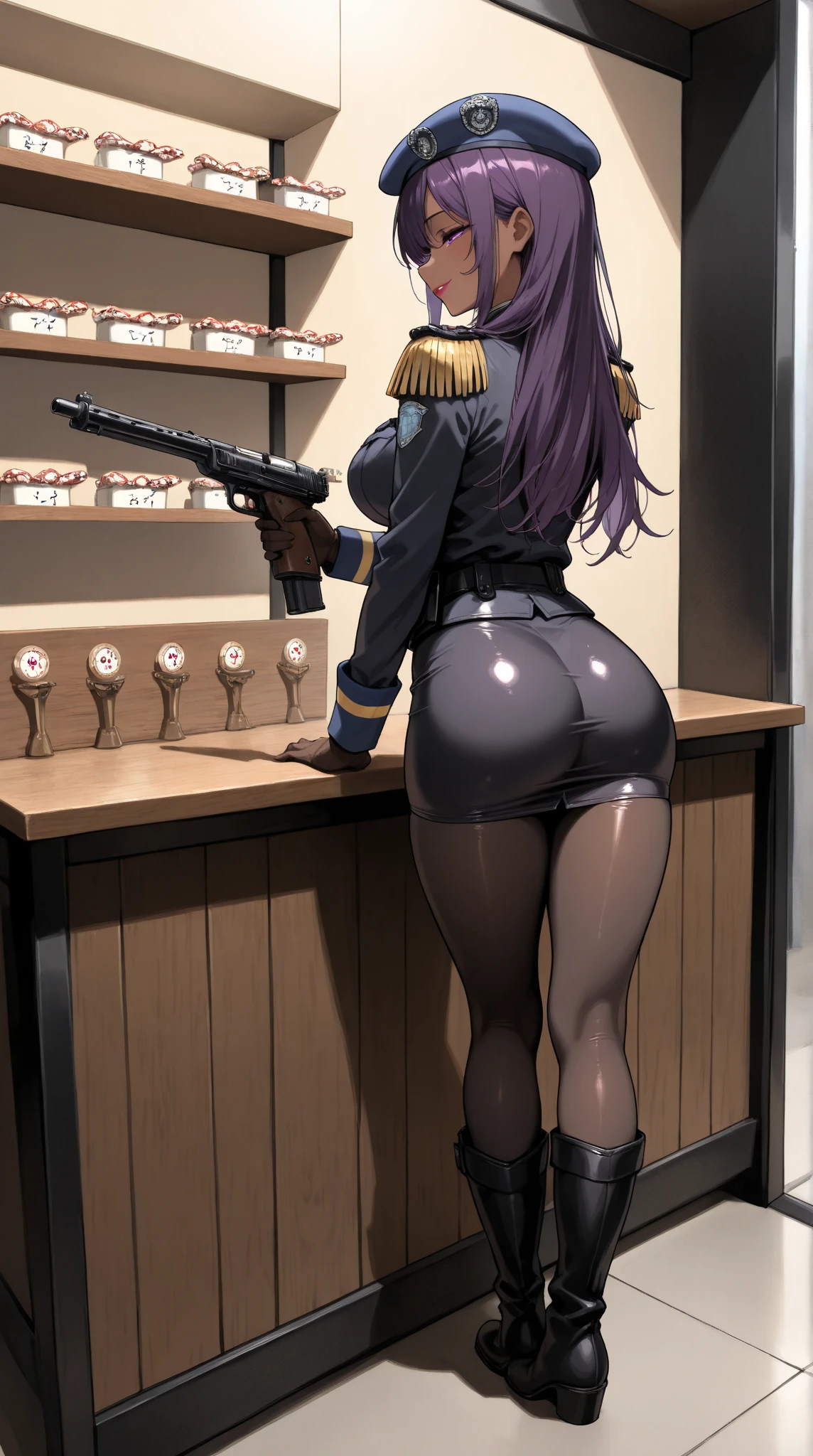  challenging a shooting stall ,(masterpiece, top quality, very detailed depiction, Incredibly Absurd High Resolution ,Curvaceous Body,High quality anime drawings),(female cavalry officer , epaulettes holding a shooting gun, tight skirt , bodystocking ,Beret, black tights, boots),( brown skin next to a woman:1.3, purple eyes, half-closed eye ,Glossy lipstick, for a slender figure,Beautiful legs,Beautiful thighs,High quality skin),( bewitching smile,Seductive gestures), full body image , from behind,profile,射的のstallに挑戦している,shooting game,He is holding a shooting gun with his elbow on the table, shooting targets are placed side by side on the back shelf,background:Festivalsのstall,Festivals,stall,賑やかなFestivals,