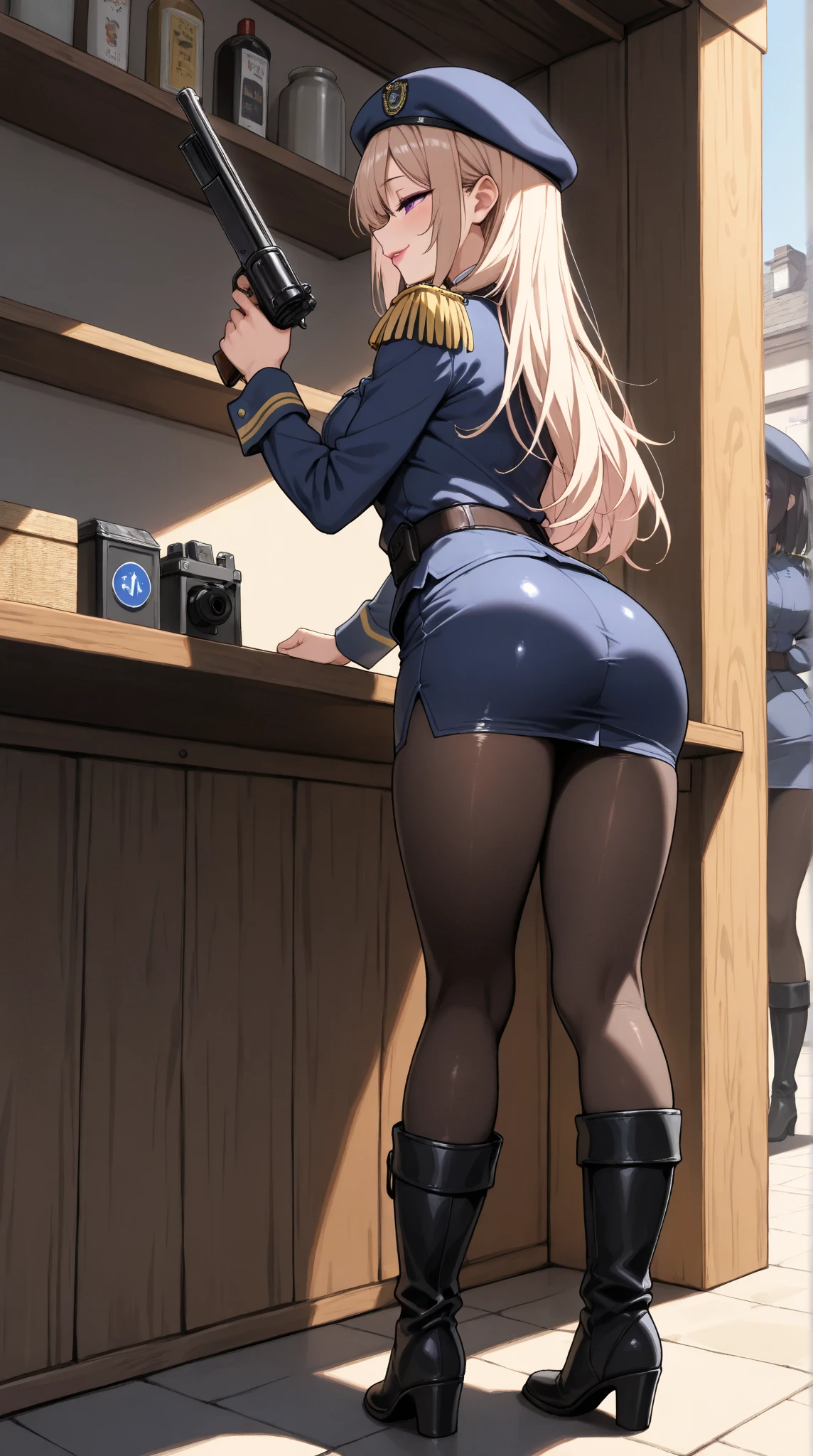 masterpiece), High resolution, (extremely detail), photorealestic, 1 girl, (((very long, Curly, kirschrotes Haar, verführerische leuchtend rote eyes, Große eyes, eyes, cute face, small face, sharp face, wunderschöne eyes, Blutjung, big legs, thick legs:1.7, insanely narrow waist:1.3, medium breasts:1.3, Rinse, (Extrem sexly, sexly, sexly, sexly, sexly, sexly)))), ((smooth skin, soft skin, Plump skin, Student uniform, leotard, leotard, View from the side, is ,bare legs, low belt, high leg, Belt around the waist, partner, stand, Ensemble), View from behind, big is, high leg leotard, Focus on the butt)
