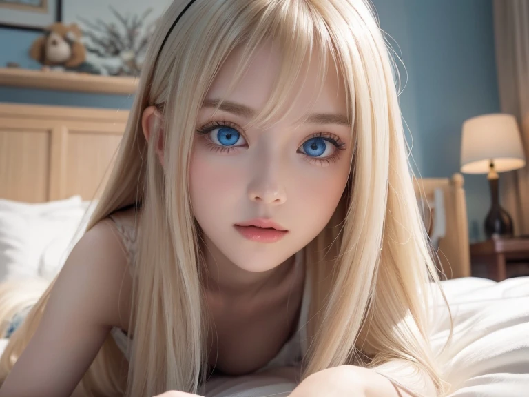A very white and beautiful 20-year-old blonde girl、Mastepiece, Best Quality, Illustration, Ultra-detailed fine details, Natural platinum blonde with a natural shine、Super long straight silky hair、Super long Rapunzel hair、disheveled bangs above the eyes,、Bangs that cover the face、High resolution, 8K Denden Wallpaper, Perfect dynamic composition, Beautifully detailed large light blue eyes , Very big eyes、of hotel(Bed)、Small Face Beauty、Round face、On all fours