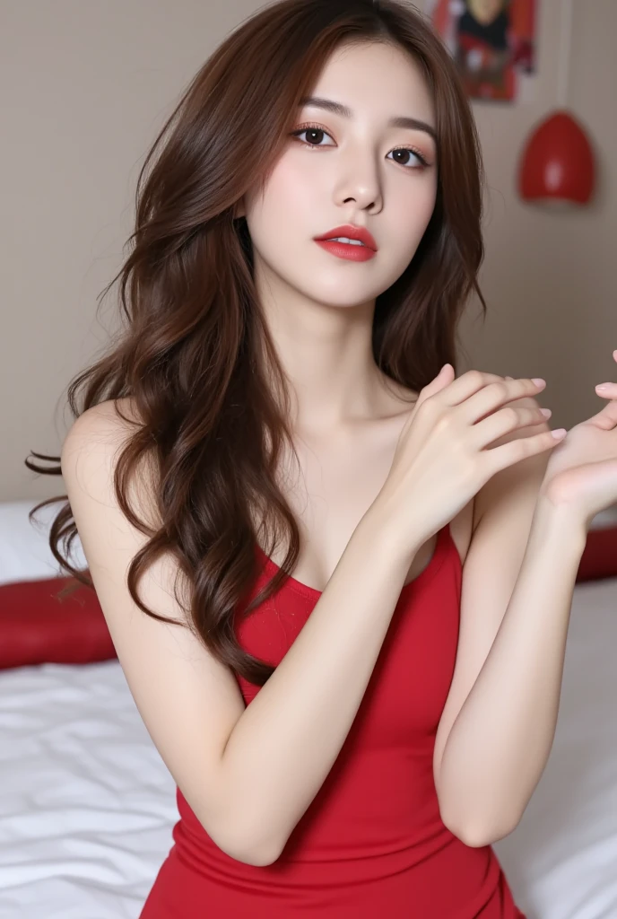  beauty　 white skin　Red lipstick　 eyeliner　Long Curly Hair　　simple background　 vaginal,sex