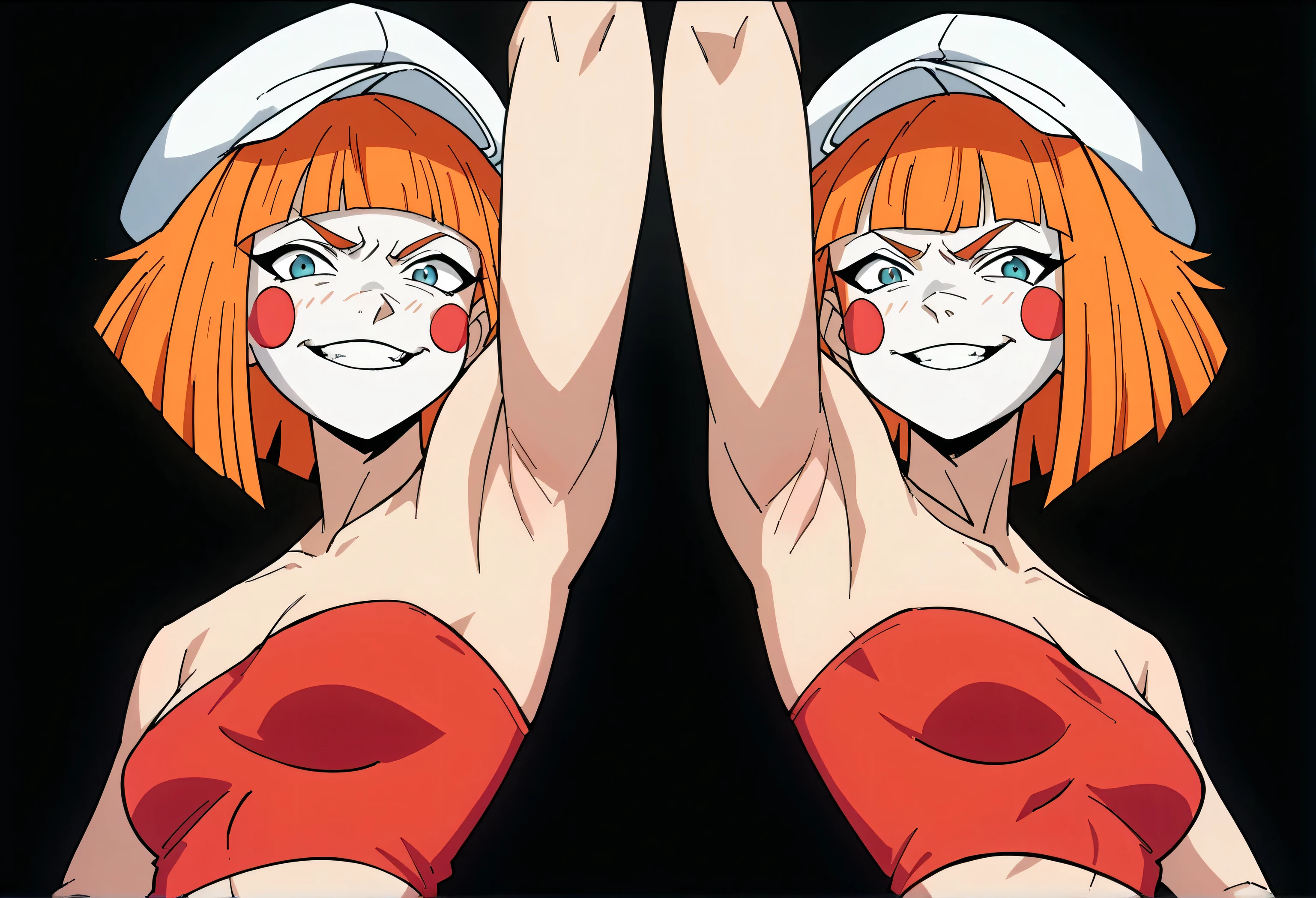 score_9, score_8_up, score_7_up, source_anime, anime screencap, 2girls, short orange hair, bob cut, blunt bangs, messy hair, makeup, blush stickers, red tube top, strapless, midriff, white hat, arm behind head, bare shoulders, bare arms, armpit, looking at viewer, head towards viewer, smile, clenched teeth, badhandv4, black background, from side, medium breasts, skinny, (white face:1.1)