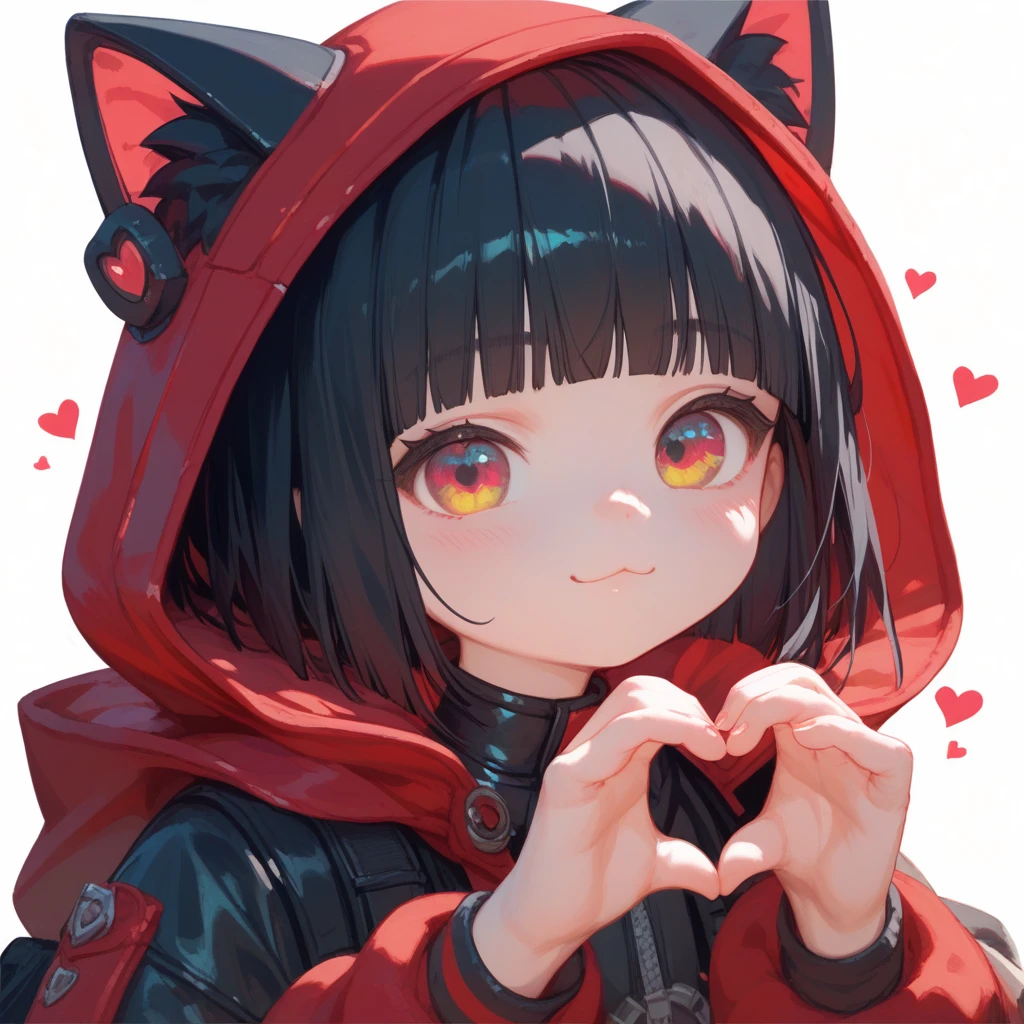 "A young boy with bright black hair , hime cut , bright skin, and the soft expression , wearing future clothing , red hood.  The boy , cat ears.  The white background , gives full focus to the character of the boy , heart hands poses , cute chibi,"