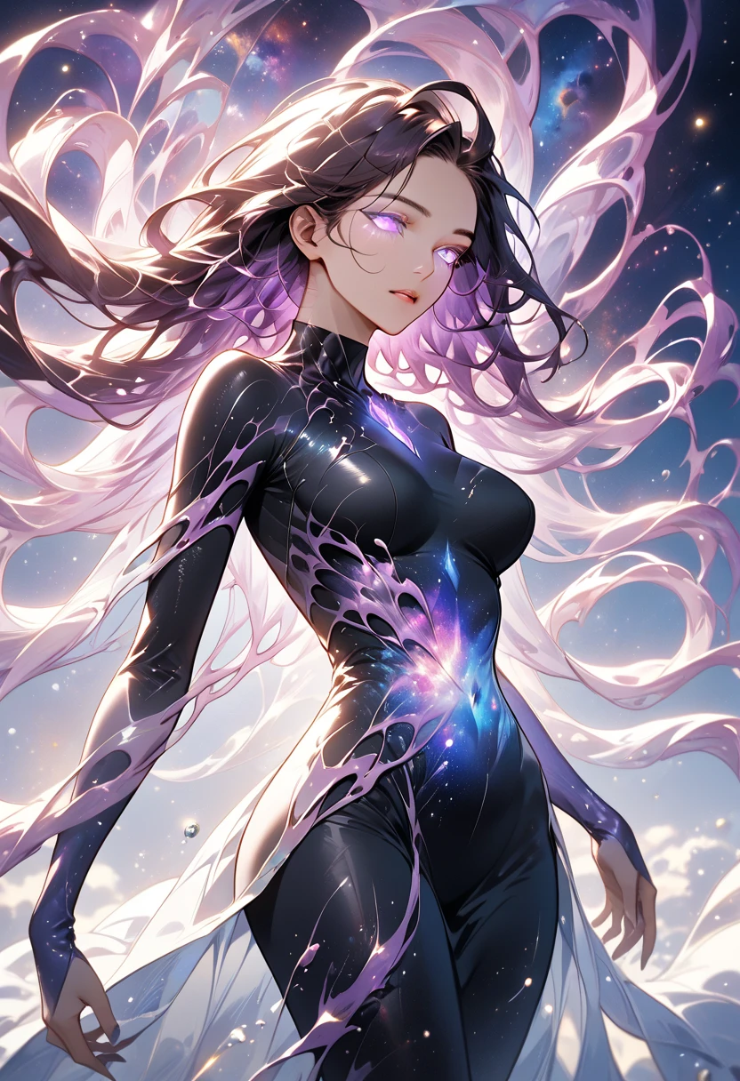 A cosmic Woman, long, flowing, dark hair that drifts in an unseen current, They possess glowing eyes that pulse with stellar energy and skin that ripples like a living galaxy, Stars and nebulae swirl beneath her surface, Translucent purple tendrils emerge from her back with fluid grace, Form-fitting black attire, Tall curvy frame that shifts and transforms
