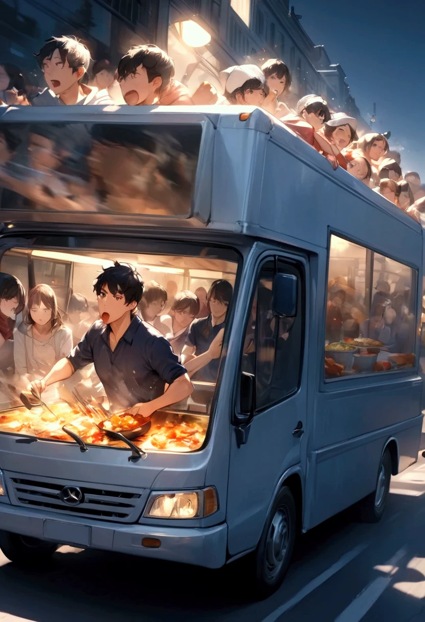 ( top quality , Very high definition) ,  cooking car running fast through the food street(( motion blur that sticks to your mouth:1.8)) , hungry crowd chasing the cooking truck with their noises( cinematic lighting:1.5 , dramatic effect:1.6 , Panic scene :1.8)