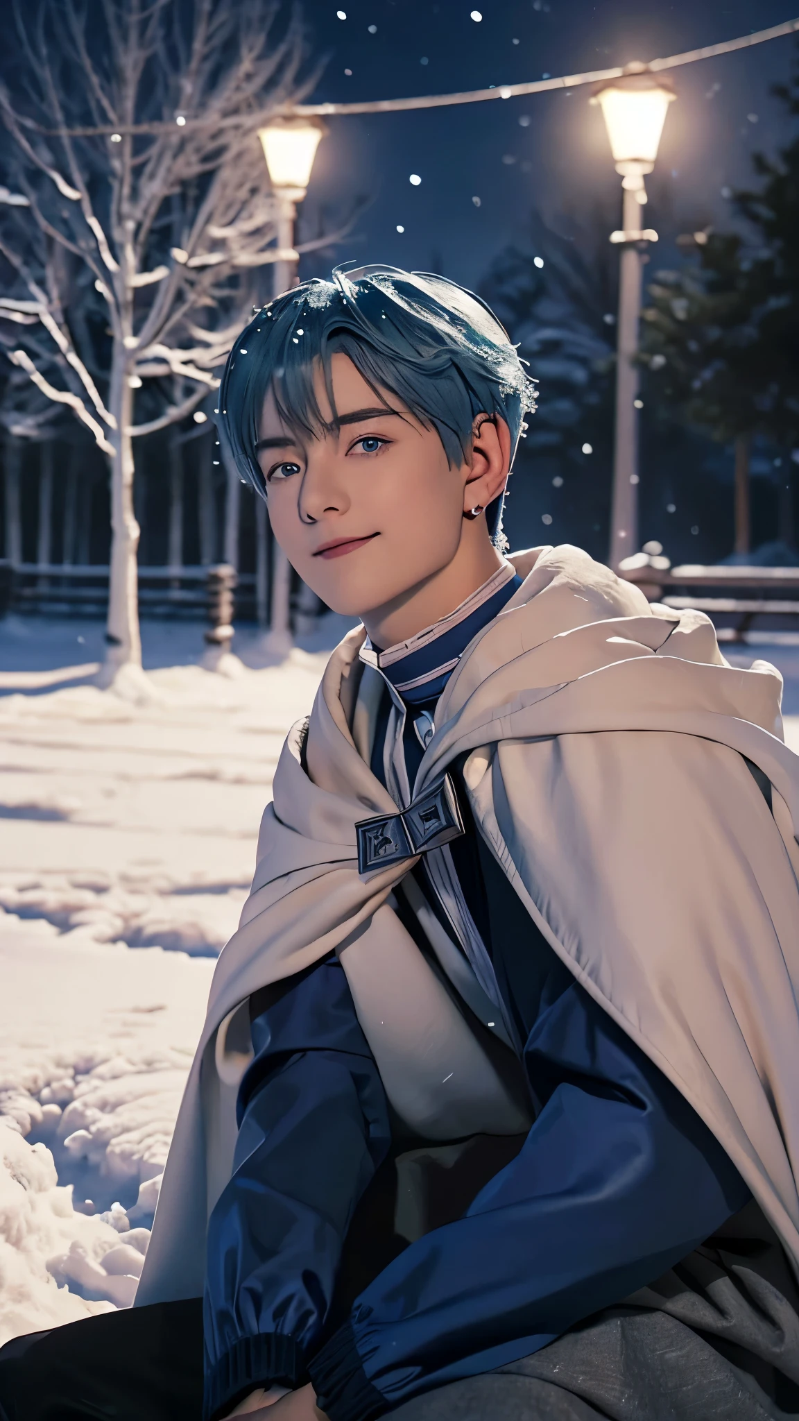 Landscape of a very handsome man, 25 year old man, melancholy realistic, (cowboy shot), (high angle shot), (((front focus))), (((background Blurry))), Bokeh, lens flare, photography with Fujifilm XT3, depth of field, film grain, female focus, BREAK, Himmel/(sousou no frieren/), anime style, (((sitting on a chair beside village road in a snowy season_street light)))!!!, ((The beauty and brilliance of frost-covered trees, The tranquility and beauty of a world of ice and snow))!!, (((looks at the audience with beautiful light blue eyes))), Ultra detailed eyes, (Beautiful light blue eye's like sapphire :1.4)!!, ((homochromatic eyes))!!!, close mouth, ((wry smile))!!, long sleevemouth, (((thin fresh peach lips)))!!!, (Blush)!!, Earrings, Perfect nose, Cute little nose, beatiful face, Face Clean, realistic Skin, hyper realistic, Perfect eyebrow appear through blue hair, blue hair between eyes, blue hair bangs, (ultra shine blue hair)!!, (neat low cut hairstyle)!!, ((dynamic composition)), BREAK, detached sleeves, /(((wear original costume of Himmel_slim fit clothes/)))!!!, (((slim fit blue cloak with white accent_long sleeve blue cloak_ivory cape outside)))!!!, black trousers, black boots, flat chest, (((close thigh with slim fit black trousers_shirt over trousers)))!!!, (((shirt over trousers)))!!!, vivid color clothes, detailed realistic clothes, BREAK, Best Quality, Masterpiece, Ultra-detailed, Beautiful, hight resolution, Original, CG 8K, perfect photo, dramatic lighting, Beautiful lighting, (Realistic fantasy art), Realistic, Full HD, Best Quality, award winning, (8k wallpaper of extremely detailed CG unit), High Details, sharp-focus, The art of dramatic and photorealistic painting, ((In snowy roadside)), dynamic composition, breathtaking rendering, strong color, deep shadow