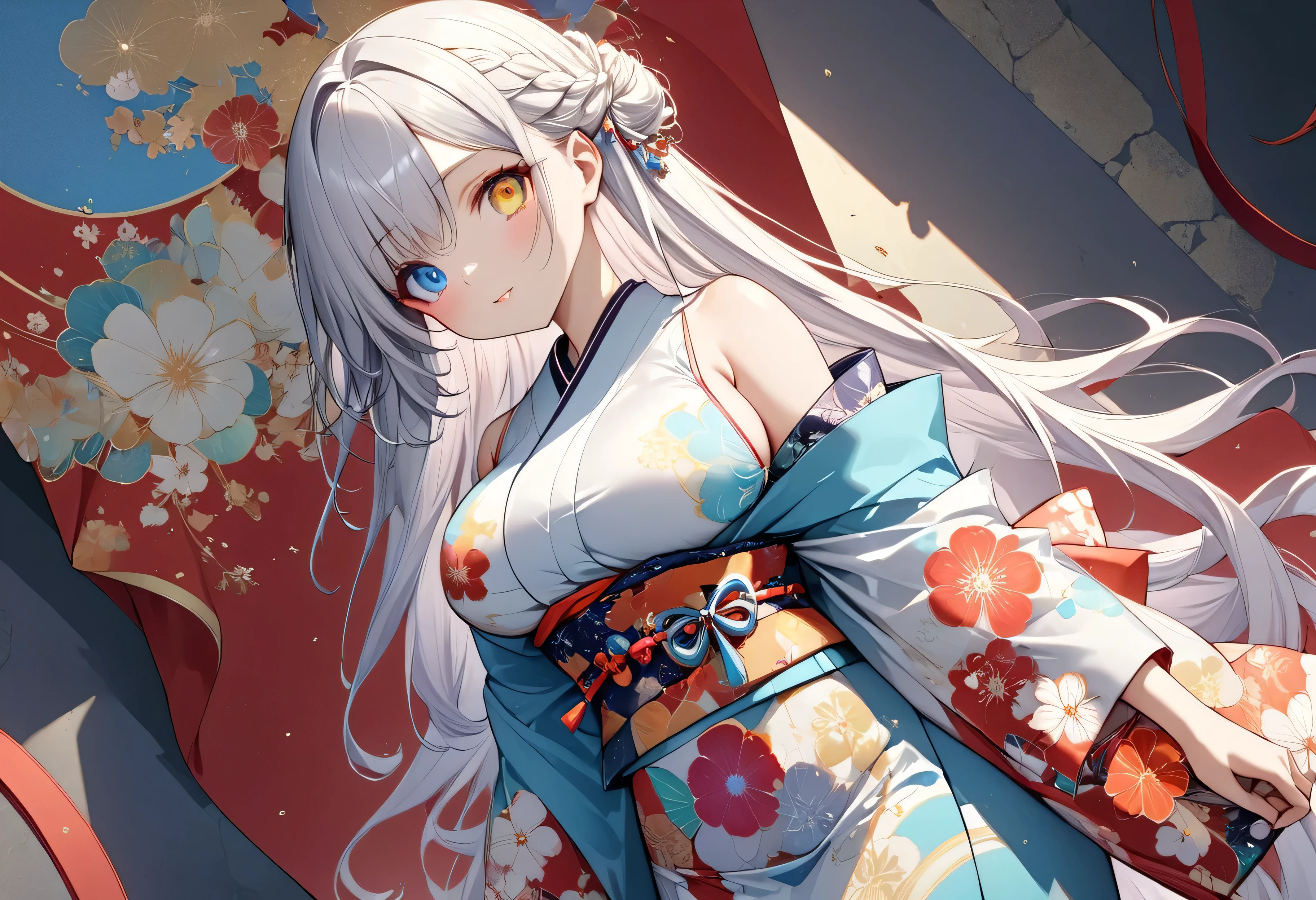  fresh illustration ,
Superfine painting,
 top quality,
 very delicate illustration ,
 Very fine details ,
 beautiful attractive anime style ,
Fascinating anime style ,
 more details,
 A beautiful and sophisticated illustration of one girl,
 full body view,
Height: 158cm,
Fair skin,
Complete heterochromia,
 large black pupils ,
 beautiful eyes,
Shiny super long hair ,,
 Hairstyle Random ,
Hair color is random,
 The hair has gradation ,
 pretty and cute face ,
Cheeks are ruddy,
Lowering the eyebrows,
 since age 27,
The upper half of the body is in a traditional Japanese kimono,
Kimono colors and patterns are random ,
 lower body Nadres ,
 the color of the belt with your kimono ,
 The belt has a gradation ,
 fine fabric clothing ,
Shoulder-width narrower shoulders,
mega breasts,
Isometric,
Golden Ratio,
I'm wearing padded collar innerwear,
Match the location and weather ,,
 tactical use of shadows ,
 The circle of hair and head does not show the angle of view,
Clothes don't show the angle of view ,
Standing,
Long Shot,