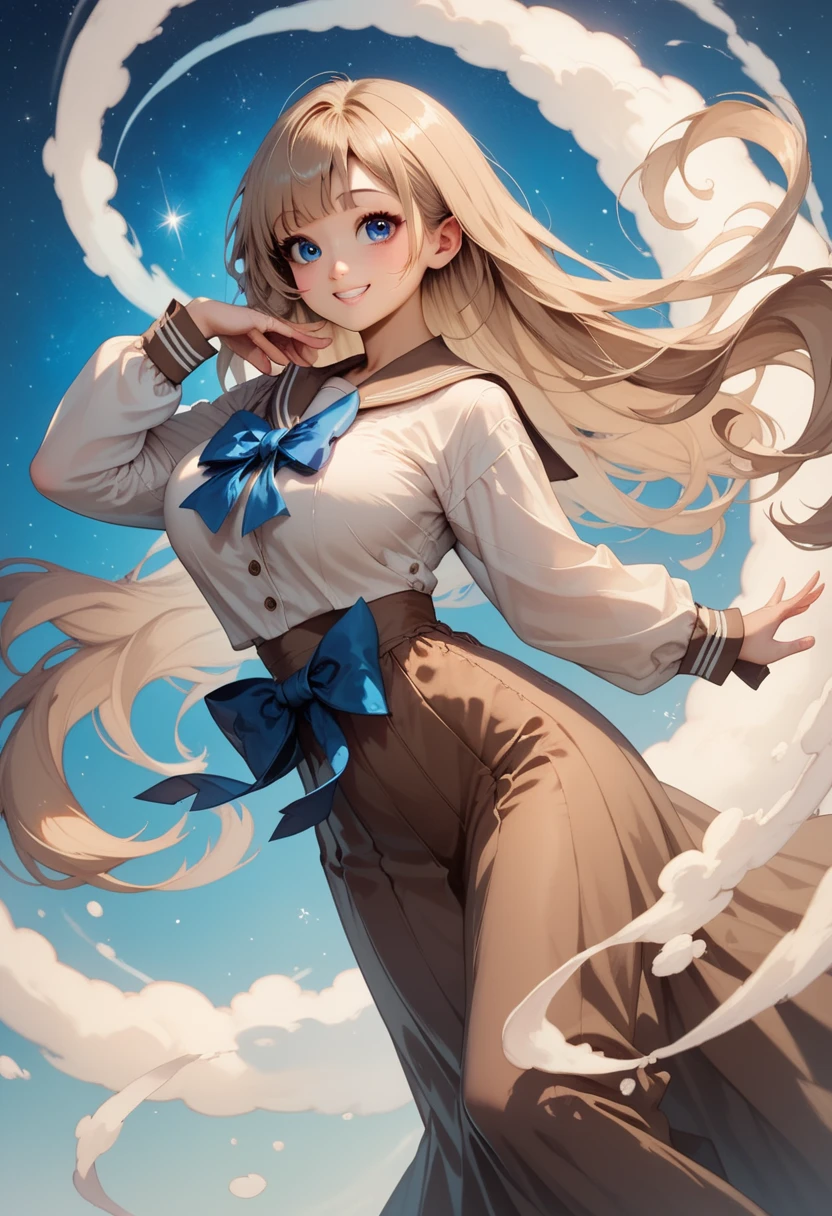 (best quality), (high detailed), (perfect body), (ideal face), one girl, Asian, tall girl, cute, smile, light brown hair, long hair, blue eyes, big eyes, large breasts, brown long sleeve sailor shirt, blue bow, brown long skirt, pose, galaxies background