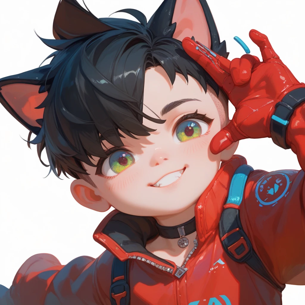 "A young boy with bright black hair , pixie cut , bright skin, and the soft expression , wearing future clothing , red clothes.  The boy , cat ears.  The white background , gives full focus to the character of the boy , cute chibi,"