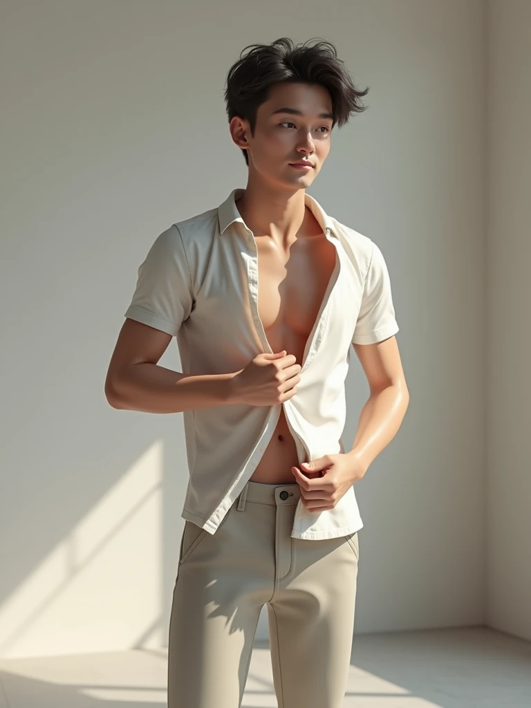 a potrait of a Young man with mullet hair cut wearing openned white shirt showing his abs