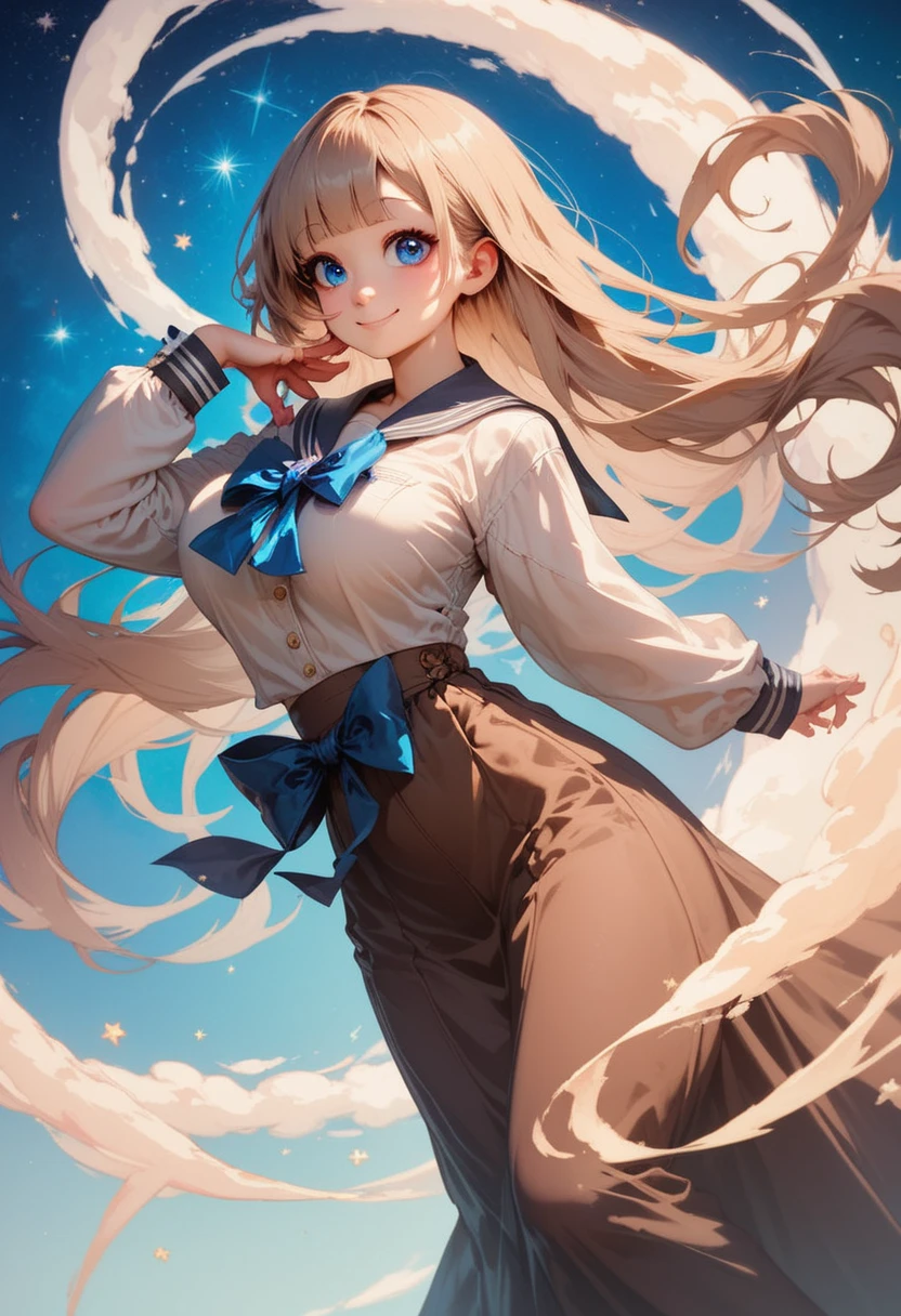 (best quality), (high detailed), (perfect body), (ideal face), one girl, Asian, tall girl, cute, smile, light brown hair, long hair, blue eyes, big eyes, large breasts, brown long sleeve sailor shirt, blue bow, brown long skirt, pose, galaxies background