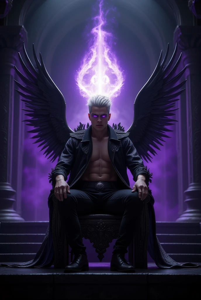 (best quality, masterpiece, Distinguished Quality, Mirror-like, Cinematic Experience, insanely detailed,8k,wallpaper,,(Best illustrations , 1 young man, handsome face, perfect face, white hair , purple eyes, light skinned, muscular.0:4 best lightning, controling purple flames, in a room filled with darkness and shadows, having a black diamond crown on head, seated on a black throne made of obsidian materials, full body, impassive expression, dressed in a blact jacket and black pants, large beautiful flame like purple wings on his back, sitting in a dynamic position, pay attention to stunning details, bright colors, dramatic lighting, archive a 128k quality, pay attention to all written details.