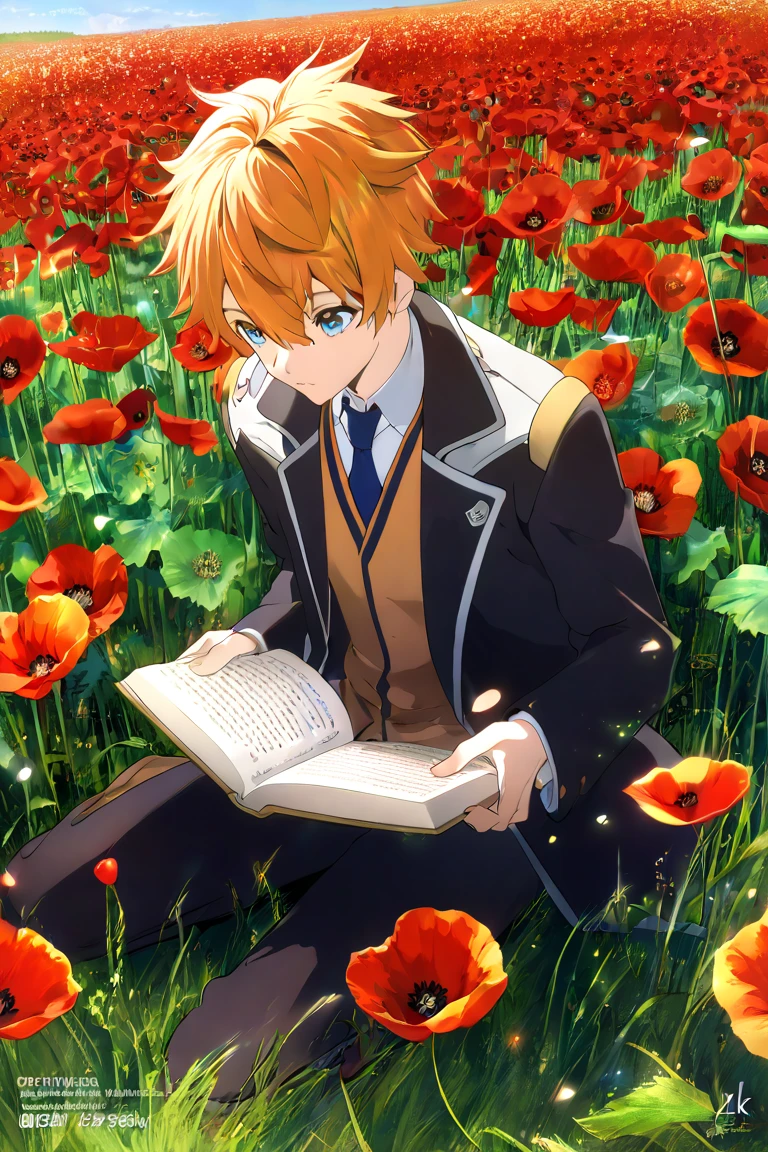 anime boy reading a book in a field of poppies, 4 k manga wallpaper, by Shitao, anime art wallpaper 4 k, anime art wallpaper 4k, zerochan art, zerochan, anime asthetic, anime art wallpaper 8 k, orange - haired anime boy, digital art on pixiv, 4k anime wallpaper, pixiv style, at pixiv