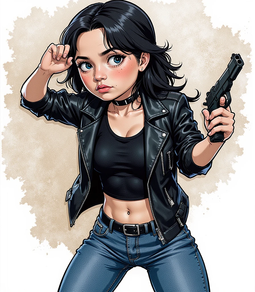 Illustration, masterpiece, portrait of Jenna Ortega, tiny and athletic, wearing a black leather jacket and a blue jeans, fighting pose, angry, ready for battle, wearing a gun, old factory, grunge, very dark, long black hair, black eyes, worried, high resolution, high definition, comics drawing with ink and watercolor, on white paper, American comics, many details 