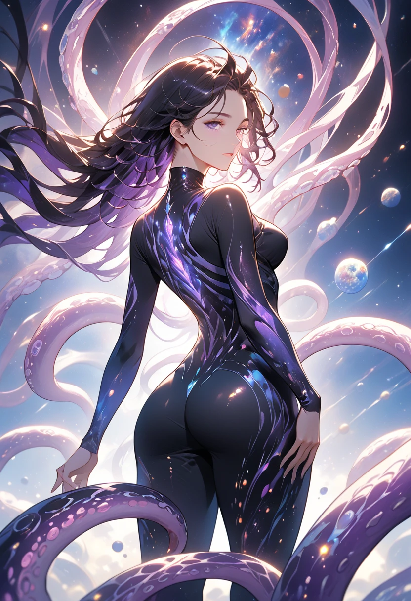 A stellar Being, long, floating dark hair that moves like space debris, They possess eyes blazing with cosmic energy and skin that ripples with galaxies beneath, Translucent purple tentacles flow from her back like cosmic ribbons, Form-fitting black clothing frames her tall curvy figure, Living stars and nebulae dance across her surface
