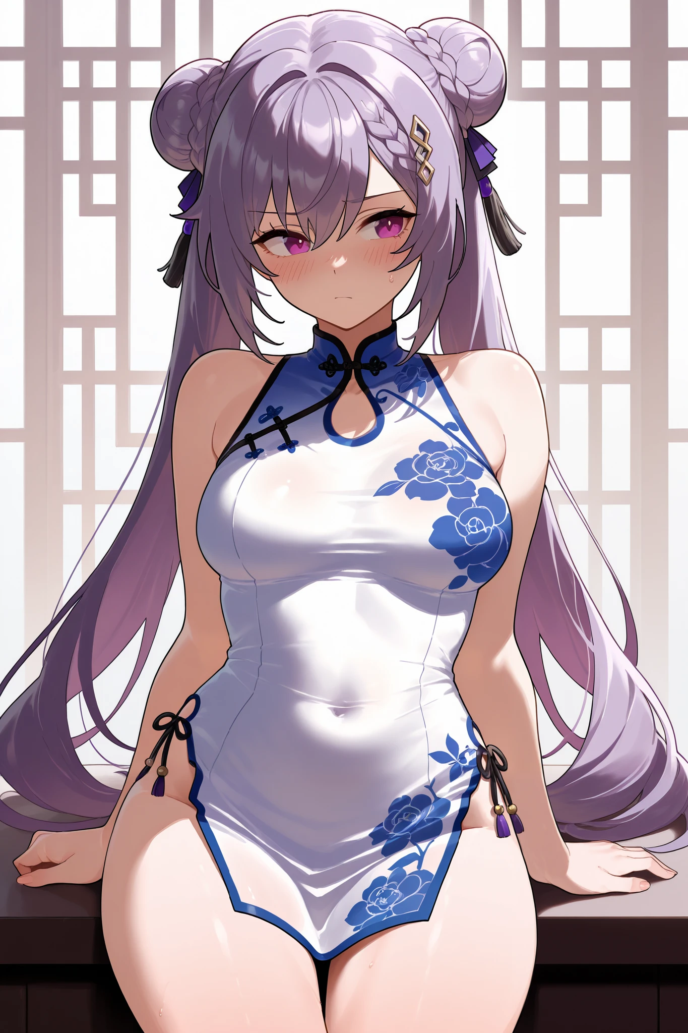 NSFW,masterpiece, top quality, high definition, very detailed,Keqing、 braids、コーンHair Bun、Hair Bun、 hair ornament、 Long Hair 、 purple eyes、 purple hair, china dress