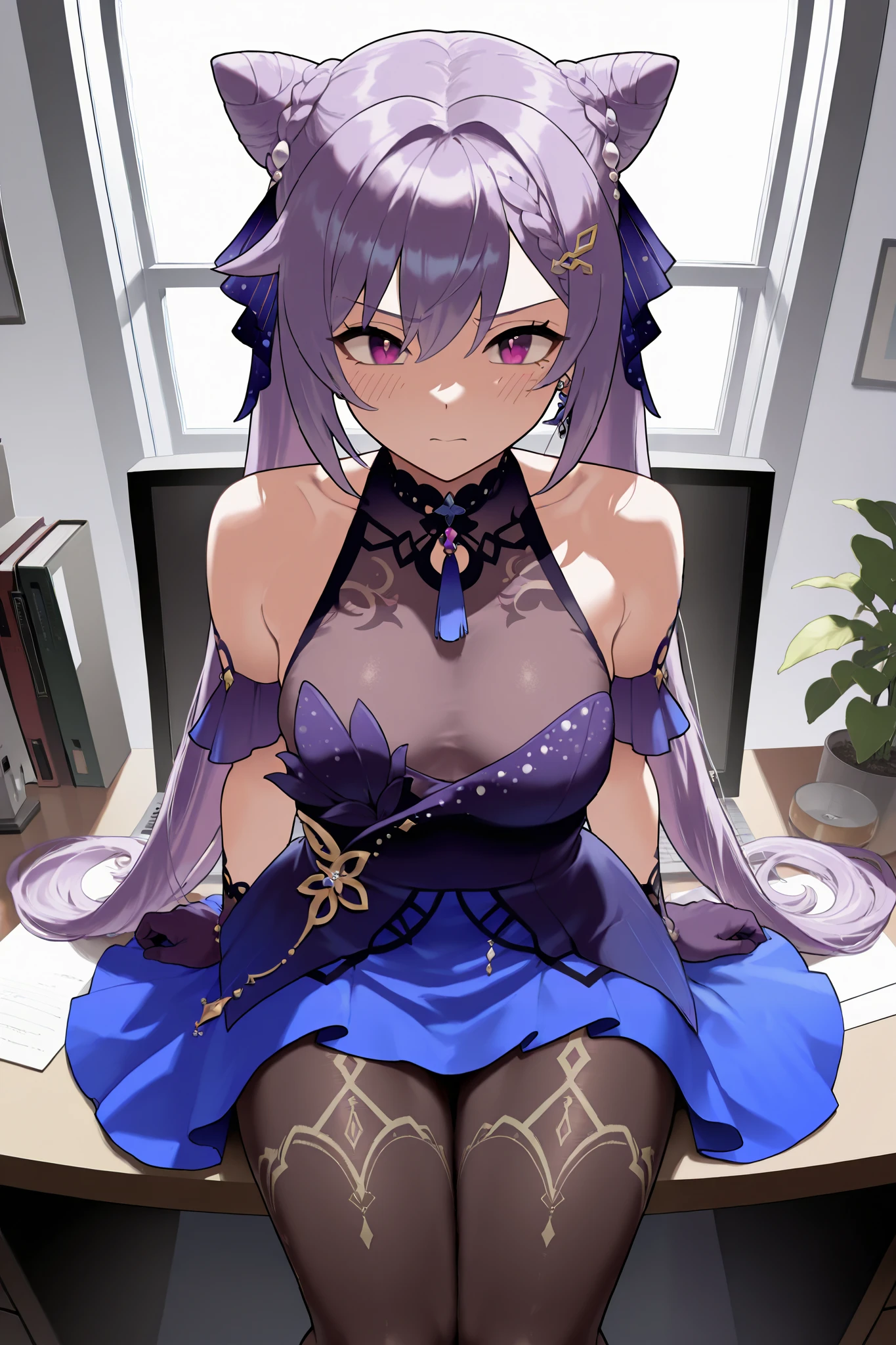 NSFW,masterpiece, top quality, high definition, very detailed,Keqing、 braids、コーンHair Bun、Hair Bun、 hair ornament、 Long Hair 、 purple eyes、 purple hair, Exposed Shoulders、 black pantyhose、Sleeveless、 dress、gloves,Office