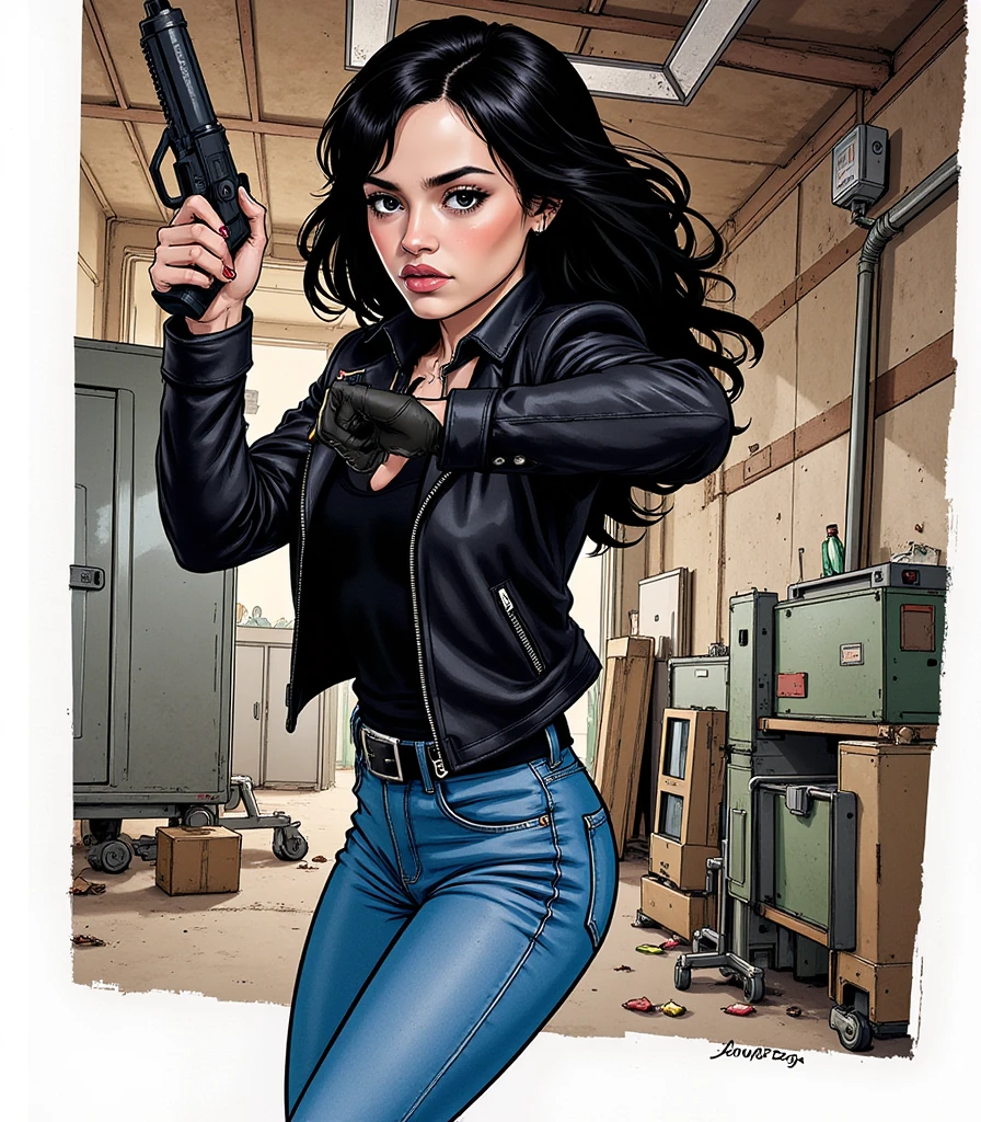 Illustration, masterpiece, portrait of Jenna Ortega, tiny and athletic, wearing a black leather jacket and a blue jeans, fighting pose, angry, ready for battle, wearing a gun, targeting the viewer, inside an old factory, very dark, long black hair, black eyes, worried, high resolution, high definition, comics drawing with ink and watercolor, on white paper, American comics, many details 