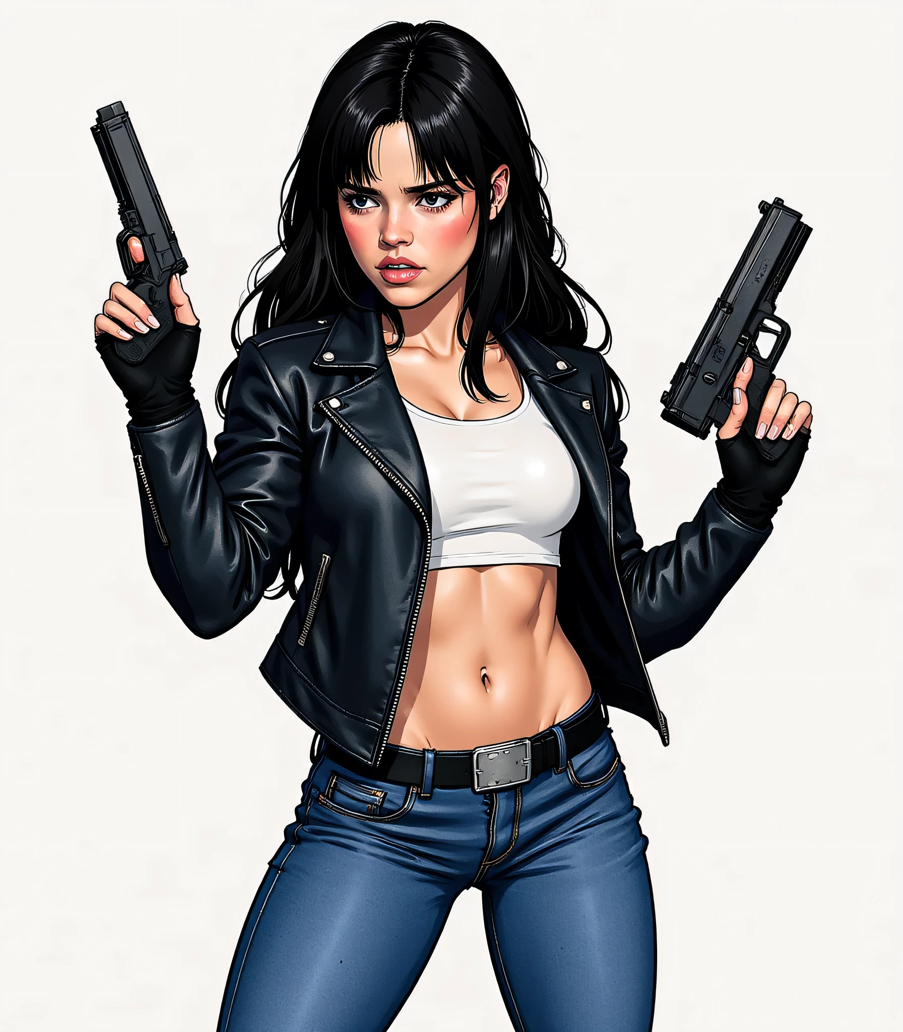 Illustration, masterpiece, portrait of Jenna Ortega, tiny and athletic, wearing a black leather jacket and a blue jeans, fighting pose, angry, ready for battle, wearing a gun, old factory, grunge, very dark, long black hair, black eyes, worried, high resolution, high definition, comics drawing with ink and watercolor, on white paper, American comics, many details 