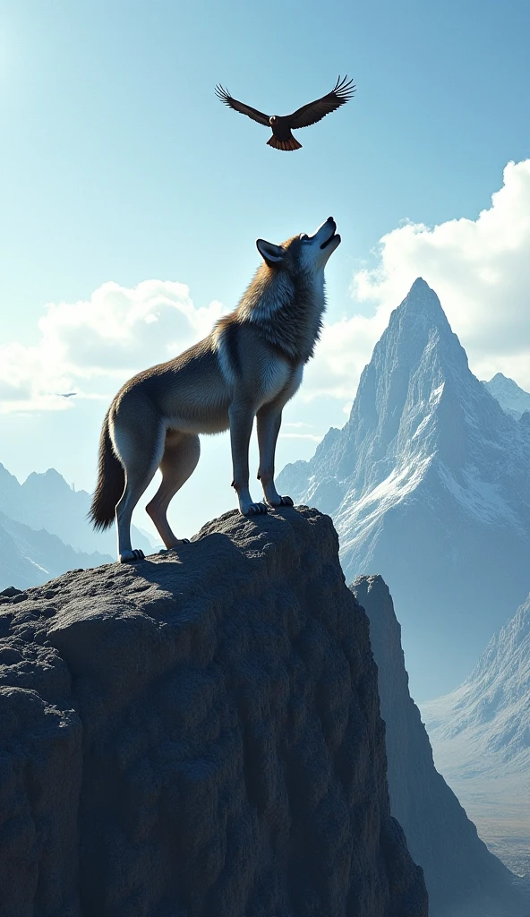 "A powerful wolf standing on the top of a rugged mountain peak - SeaArt AI