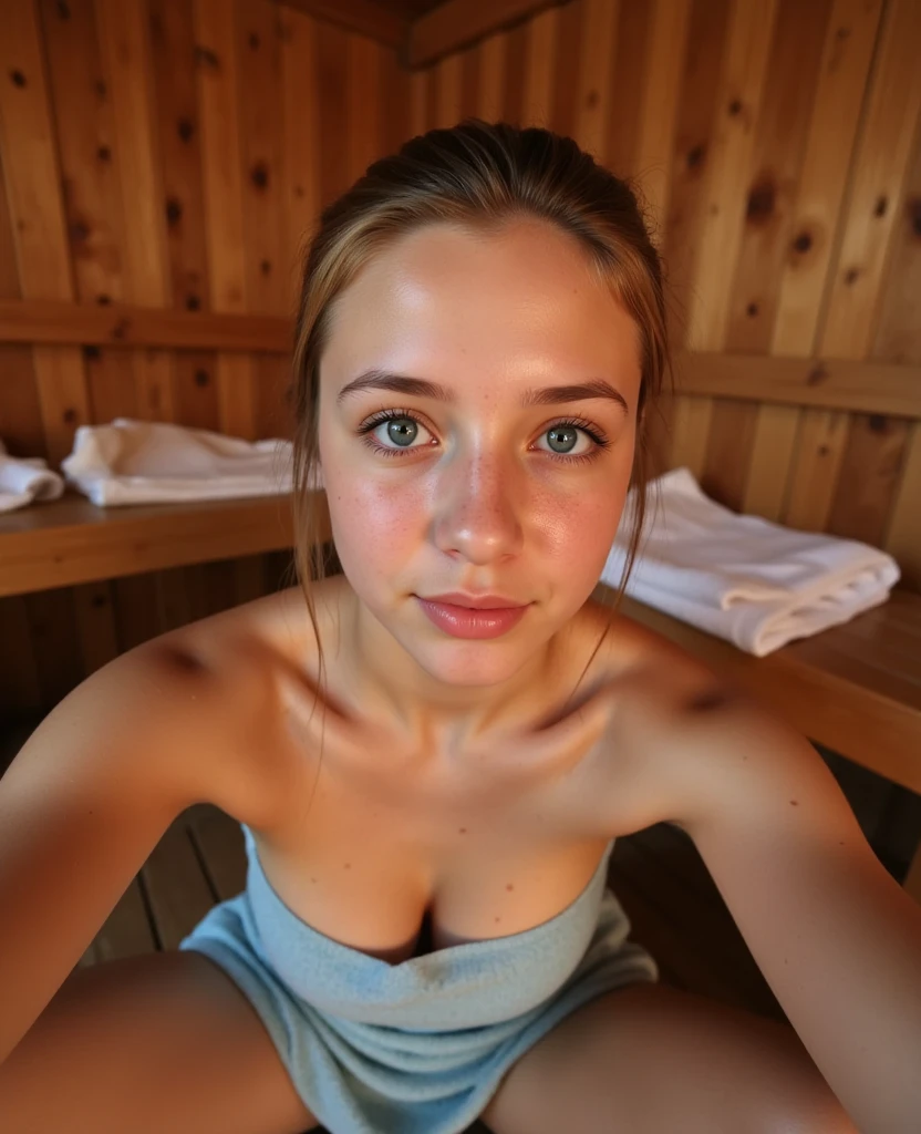Sexy girl with blue eyes, portrait of Sophie Mudd, portrait of Corinna Kopf, blonde hair and big eyes, selfie of a young woman without makeup, natural makeup, looking directly into the camera, face with Artgram, subtle makeup, blonde, Latin, red swimwear , smiling, in a sauna