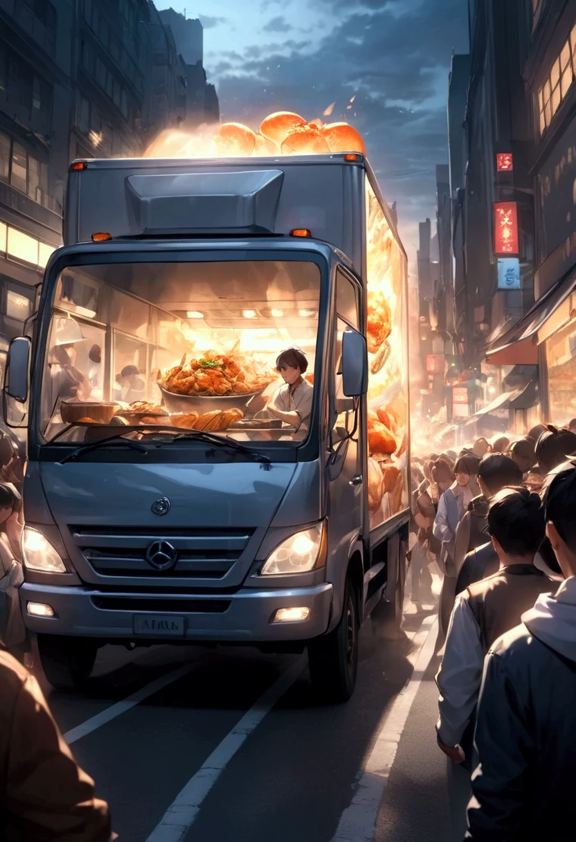 ('s greatest masterpiece , Very high definition) , Fast running cooking truck (( motion blur that sticks to your mouth:1.8)) , Young Man Driving "Asuka"(( Double Exposure :1.2)) , hungry crowd chasing cooking truck with a loud cry( cinematic lighting , Dramatic motion )