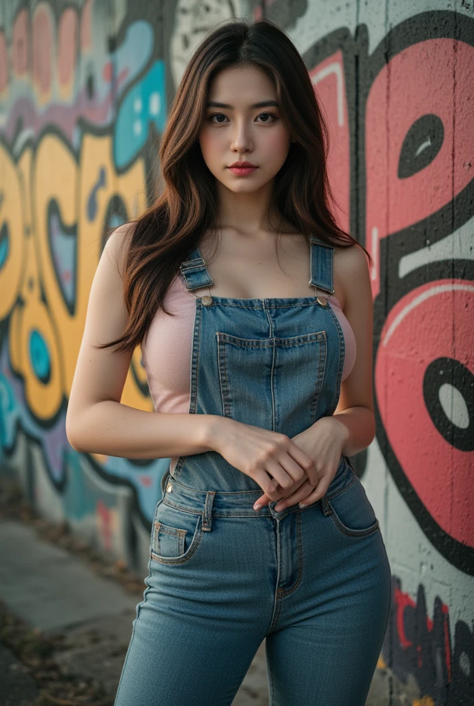 Woman wearing denim clothing, circa 1880s, Brown long straight hair, Brown eyes, High arched eyebrows, Slender and graceful neck, Red lips, Large Breasts, Brown Leather Leggings, Sleeveless Brown Leather Vest, Leather Boots, Walking on the dusty sandy streets of a deserted North American town，The wind blew through her hair, Practical, photoPractical, photoPractical, Fear, Dark atmosphere and dramatic lighting, Dark Red, Foggy environment, Detailed facial expressions, Thick fog