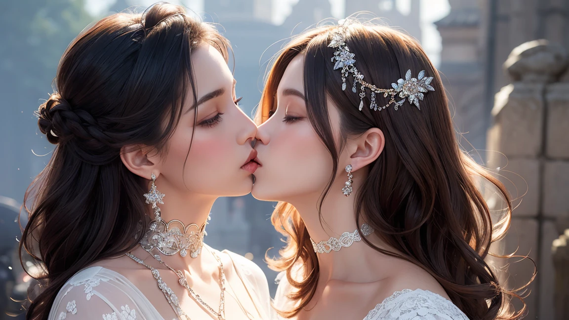 (masterpiece, highest quality, official art, beauty and aesthetic), perfect anatomy, two stunning bride is deeply in love with each other, kiss, flower