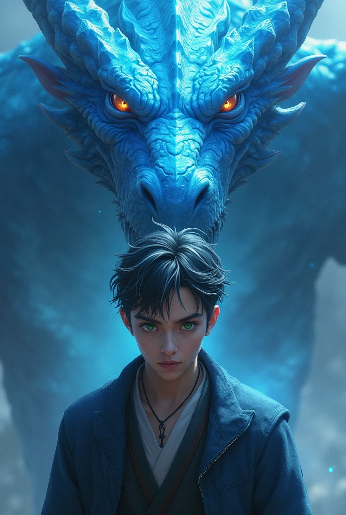 A prince with black hair and red tips, blue eyes his hair is short. Behind him a blue phoenix dragon, pink lips white skin and American features.