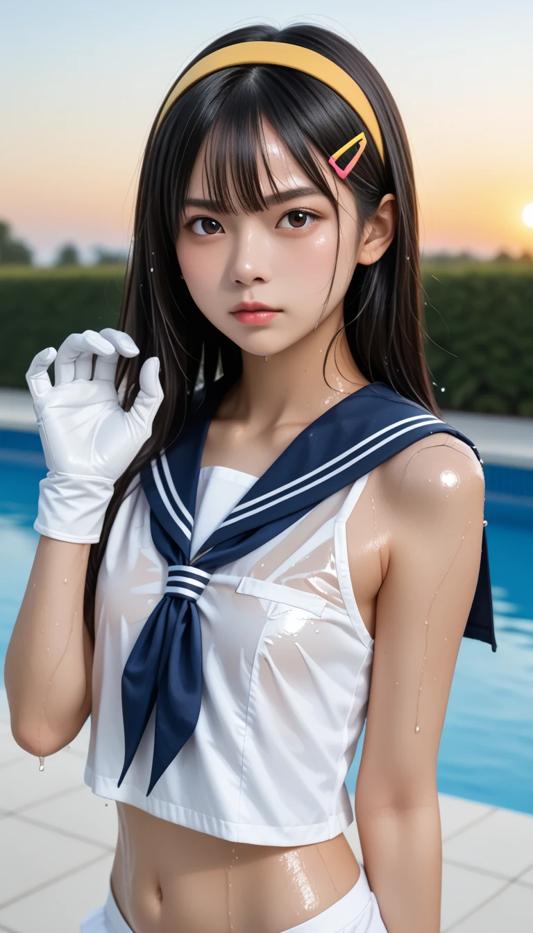  wet single Japanese  、masterpiece 、  top quality 、  ultra high definition、 realistic、 dim sunset sunset 、  RAW photos 、4K Ultra HD、1080P、 oily skin、 brown eyes、 black hair、 wet straight hair 、 beautifully manicured hair 、Glaring expression、 selfie、 side view、 break (((  beautiful model shoulder close-up  、 Attention to shoulders  ,  focus clearly on shoulders)))、 break (((Close-up shoulders )))、 break ((( focus on beautiful shoulders )))、 break (((Wet sailor collar , sailor cuffs、White Gloves、No pants)))、(((Wet sailor collar , yellow headband 、 hair clip)))、((Sunset sky 、Outdoor Pool、 blur background))、((( wet flat chest without bulge 、Five fingers)))、((( anatomically correct)))