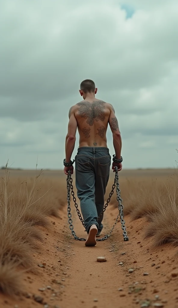 tanned naked primitive buzzcut shaved head Russian young man lying on his belly arrested on street in Brazil, barefoot and naked, fit and sturdy, mesmerizing iconic art