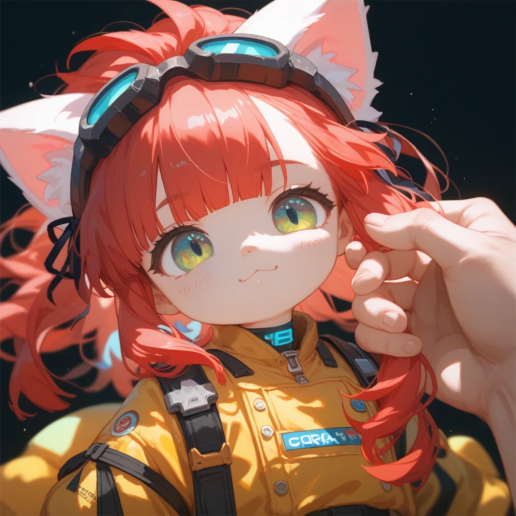 "A young boy with bright red hair , hime cut , bright skin, and the soft expression , wearing future clothing , yellow clothes.  The boy , cat ears.  The white background , gives full focus to the character of the boy , cute chibi , ribbon ,"