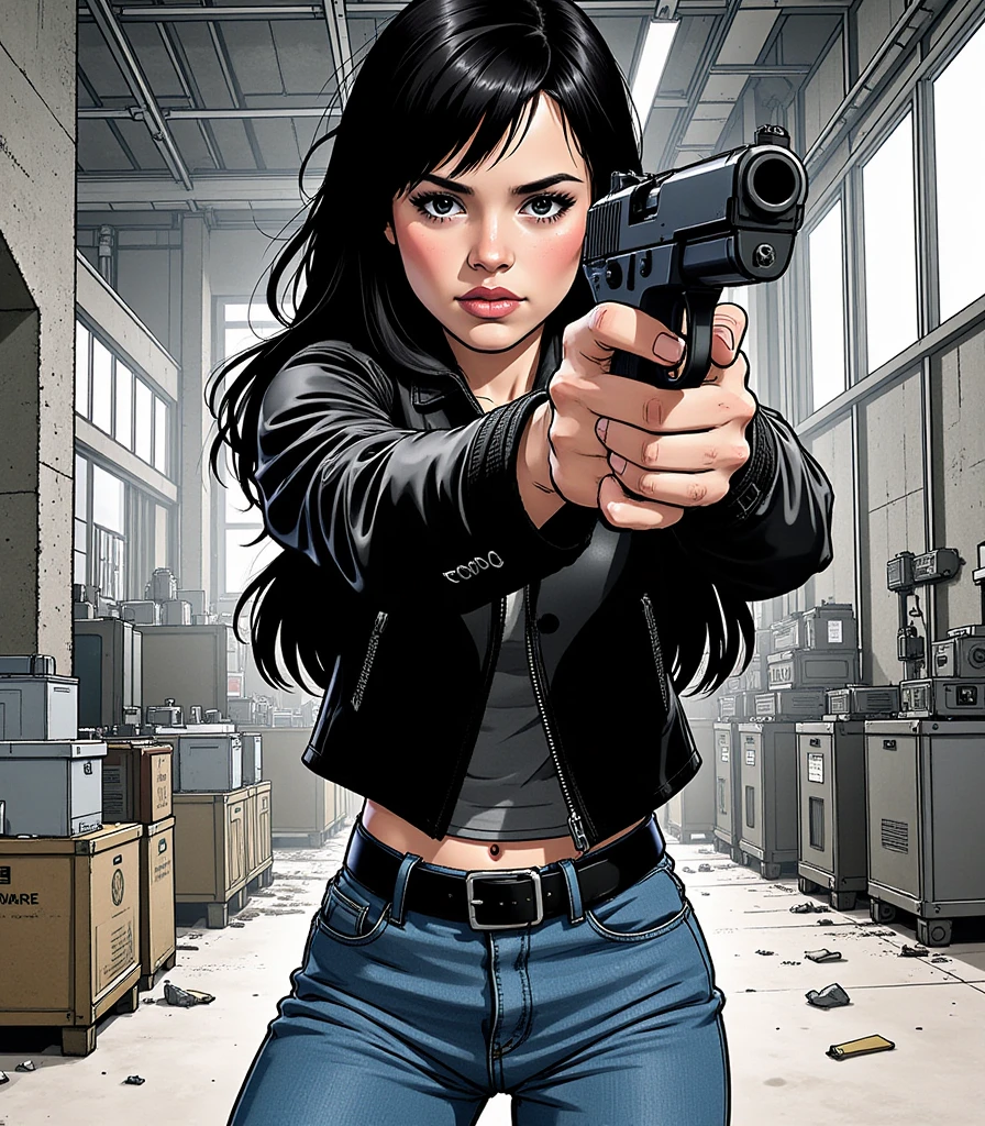 Illustration, masterpiece, portrait of Jenna Ortega, tiny and athletic, wearing a black leather jacket and a blue jeans, fighting pose, angry, ready for battle, Pointing Gun at Viewer, inside an old factory, very dark, long black hair, black eyes, worried, high resolution, high definition, comics drawing with ink and watercolor, on white paper, American comics, many details 