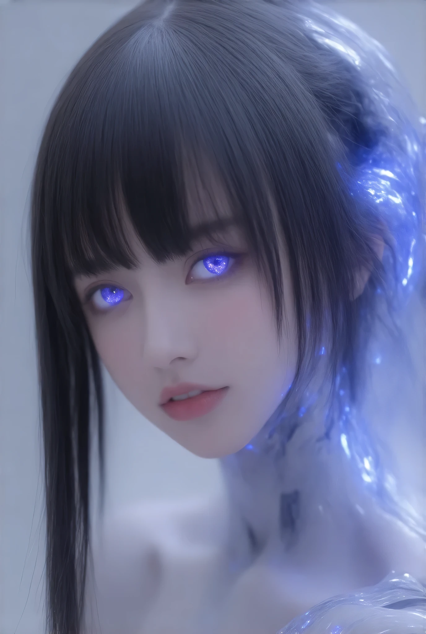 Create a hyper-realistic portrait of a futuristic, humanoid cyborg. The character should have an ethereal appearance with glowing, robotic enhancements integrated into its face and body. The skin should appear smooth and semi-transparent, with hints of liquid metal that reflect light. The eyes should be large, with violet irises that emit a soft glow, conveying a sense of intelligence and emotion.

Incorporate intricate mechanical elements in the character's hair, which should be long and flowing, also featuring neon colors like blue and purple. The cyborg’s right hand is gently touching its face, highlighting a blend of human and robotic features, with mechanical joints and glowing circuits visible.

The background should be a soft gradient, transitioning from white to pale blue, to enhance the character's futuristic feel. Aim for a balance between beauty and technology, emphasizing the harmony of human-like emotions within a robotic form