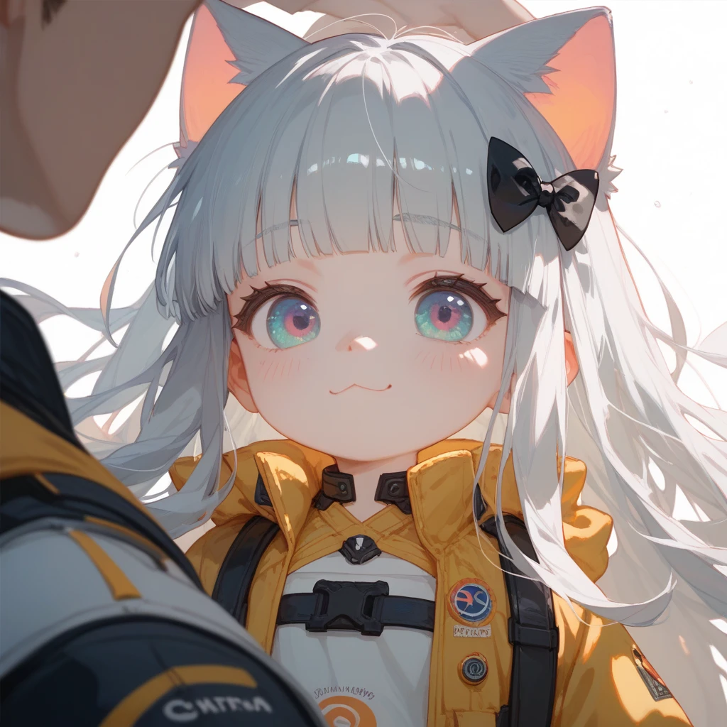 "A young boy with bright grey hair , hime cut , bright skin, and the soft expression , wearing future clothing , yellow clothes.  The boy , cat ears.  The white background , gives full focus to the character of the boy , cute chibi , ribbon ,"