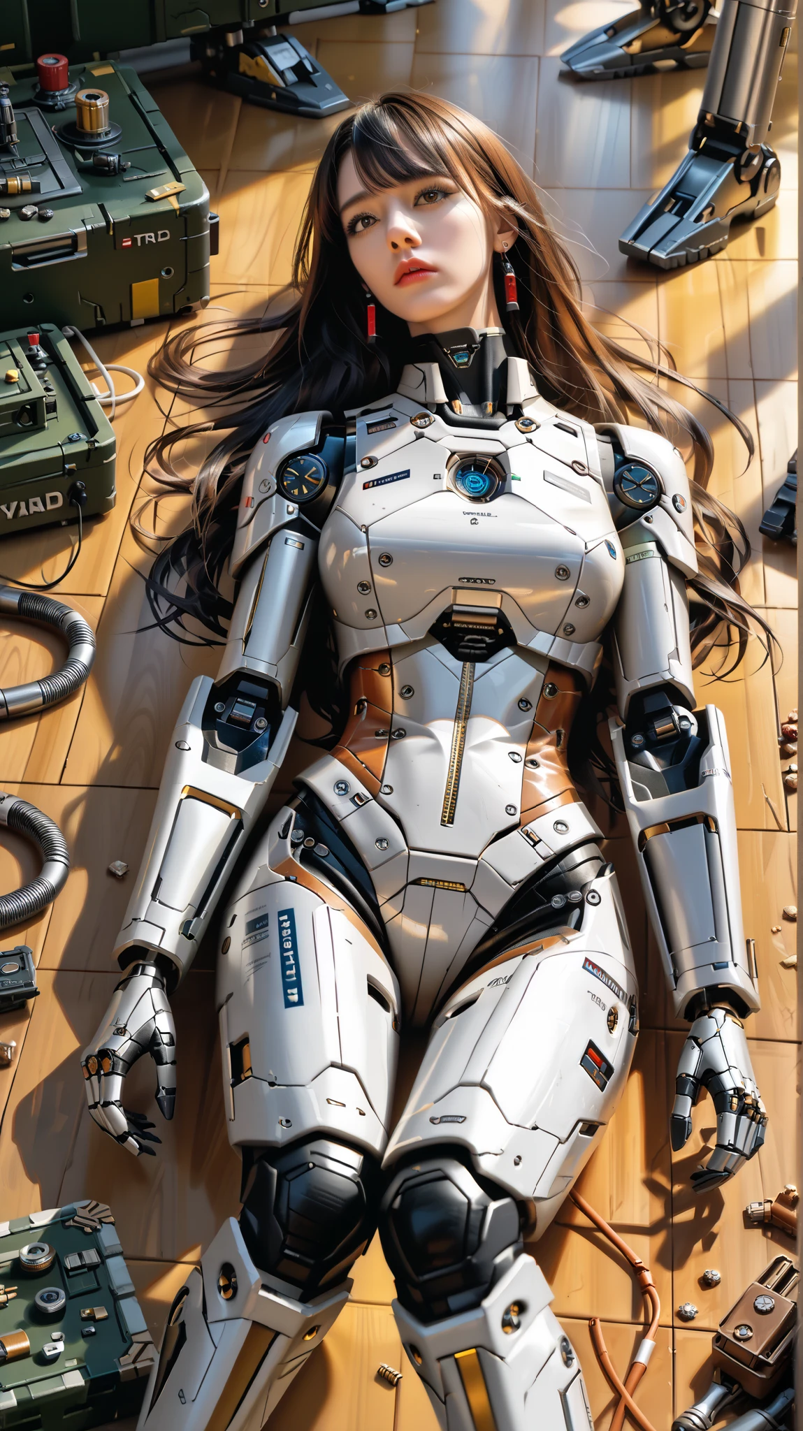 (((masterpiece))), (realism, (science fiction, distant future), (top Quality, High Quality, top resolution, high resolution, (ultra detailed, high detailed))), (beautiful android woman, woman is incredible machine), (beautiful face), almond shaped eyes, (thin lips, wide mouth), (robot armor:1.3), machine frame, skirt, (steel knee-high greaves, (mechanical hands)), robot joint, (robot neck joint:1.2), (robot contents are mechanical parts and substrate wiring, contents of the robot are exposed:1.3), maintenance, Long hair, Expressionless face, (cowboy shot), (lying on the floor a scrap yard:1.5), (from above:1.5), (closed mouth)