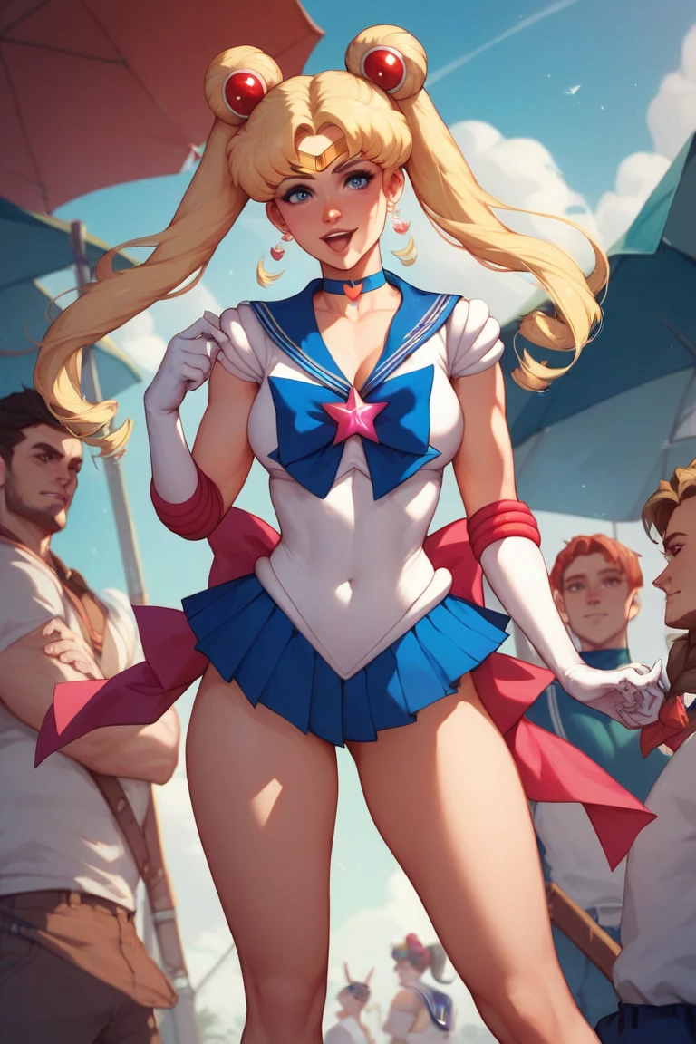 sailor suit warrior， White Long Gloves ， Wear handcuffs on both hands，Raise your hands above your head， Kneel down 