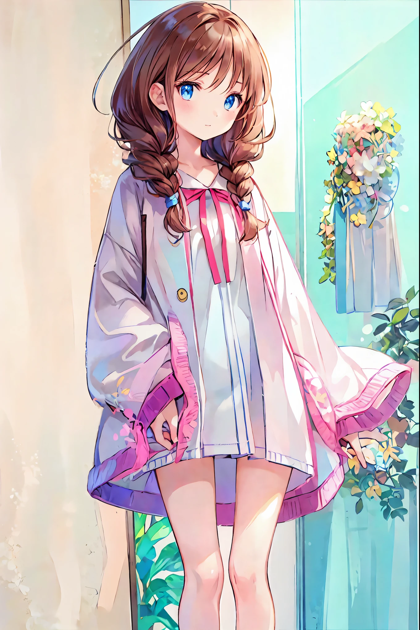 girl in a white coat, brown hair, Shortcut , Unkempt Hair ,Short braided hair,Neat, slender beautiful woman,Correct posture,Small chest, Beautiful Legs, Her enchanting gray-blue eyes shine like stars,Droopy eyes, bright color, beautiful eyes,A delicate smile,Textured Skin, Best Quality at its Best , gentle and beautiful woman , anime style、