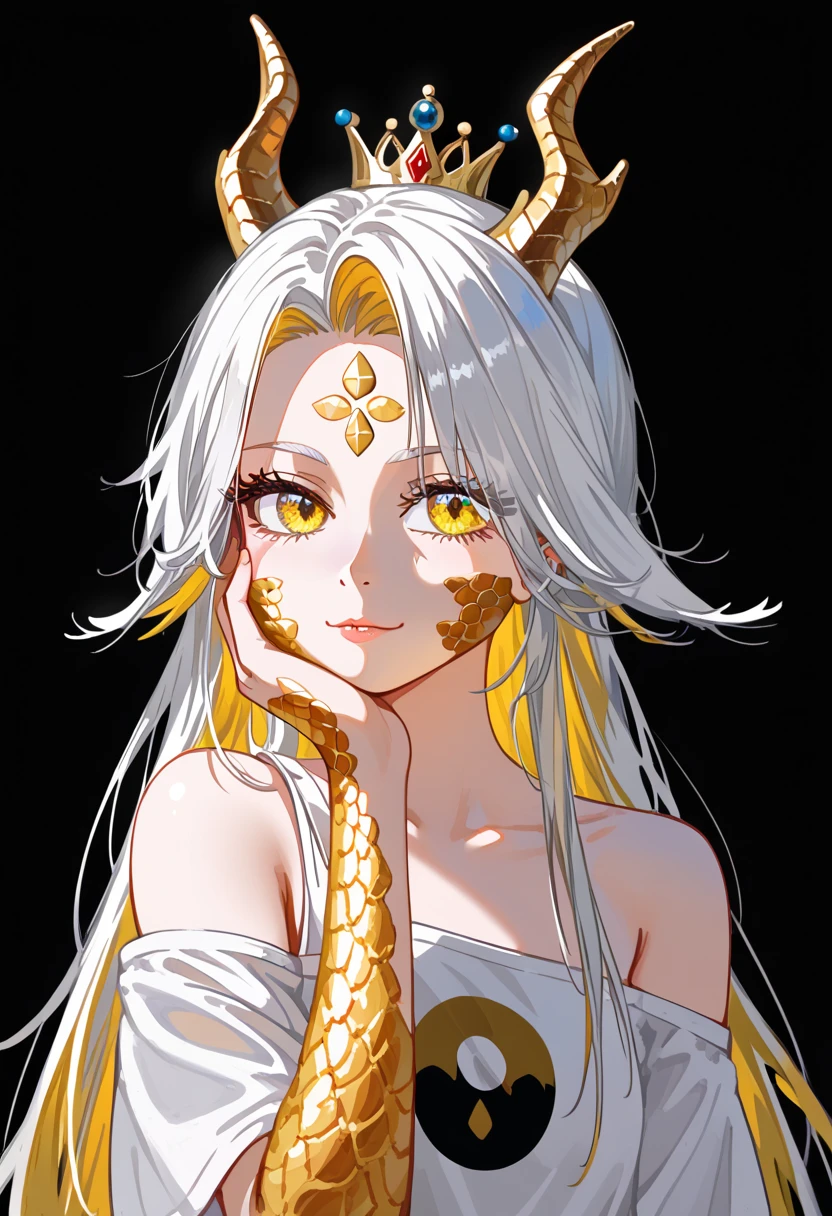 1 girl,  alone, Long hair, White hair, Bangs, Bangsสั้น, forehead,  yellow eyes,  Dragon Girl ,  golden dragon's horn , Dragon tail, white Dragon tail, Big eyes,  gold scales on cheek ,  wearing a white shirt,  Big Shirt,  Bare Shoulder ,  bottoms, ,  arms on the side , climbper body,  black background,  simple background ,  Masterpiece,   top quality, Score _9, Score _8_climb, Score _7_climb, Score _6_climb,Multi-colored hair,White hair, golden hair,queen