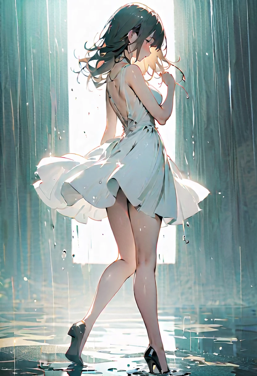 Long-haired girl dancing swan dance in the rain，Wet，Barefoot，High Leg Raise，Full body portrait，High Saturation，CG Art， Makoto Shinkai&#39;s photo, pure, Concept Art, Lofi Art style，Shinkai Makoto animation art style, Lofi Art, Beautiful anime scene, Anime Landscape, Detailed scenery, Makoto Shinkai&#39;s style, Makoto Shinkai&#39;s style, Enhance Details
