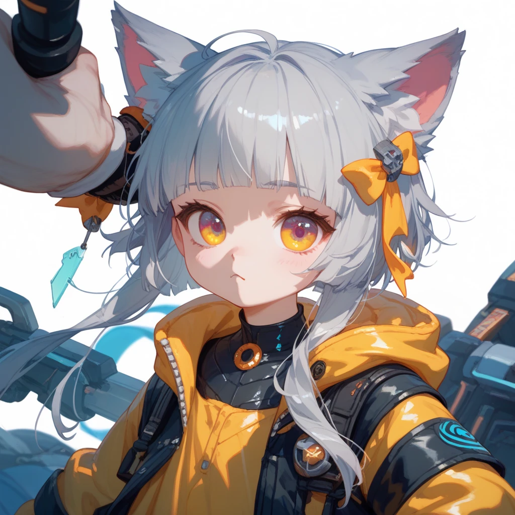 "A young boy with bright grey hair , hime cut , bright skin, and the soft expression , wearing future clothing , yellow clothes.  The boy , wolf ears.  The white background , gives full focus to the character of the boy , cute chibi , ribbon ,"