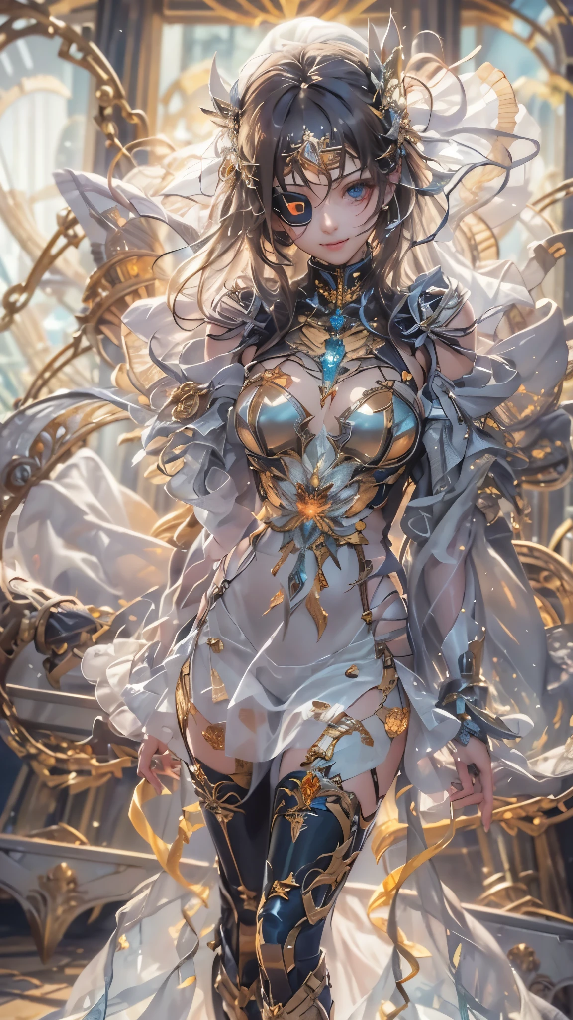 Avant-garde fusion of steampunk mecha and elegant Victorian-era female protagonist, intricate gears and machinery, (vibrant colors:1.3), (high detail:1.5), reminiscent of (Alphonse Mucha:1.2) art nouveau portraits, tophat adorned with brass goggles, (futuristic mechanical augmentations:1.1), lavish gown, (graceful:1.3) pose, complemented by an industrial revolution-inspired backdrop